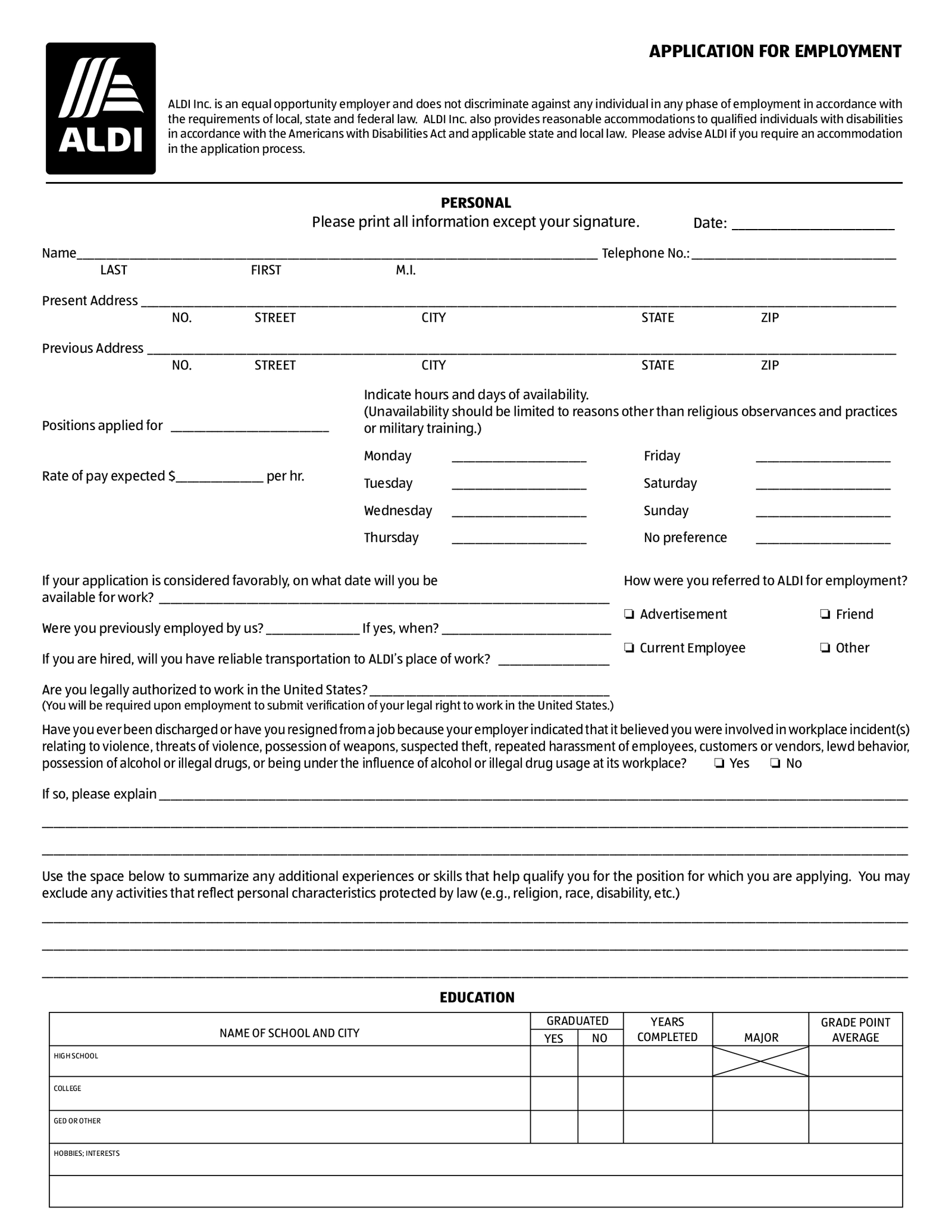 Fillable ALDI Application for Employment - Thumbnail