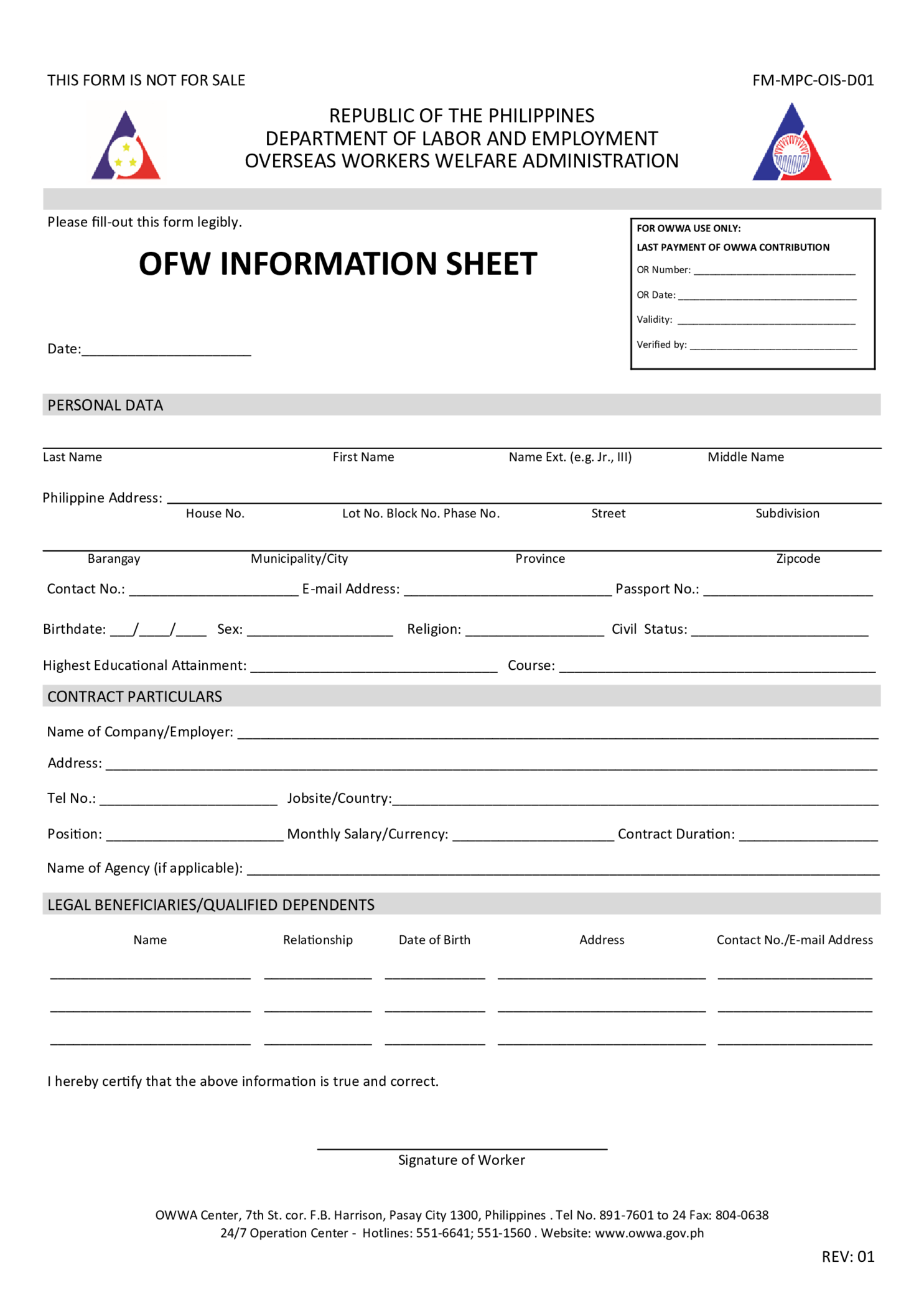 Fillable OFW Information Sheet - Thumbnail