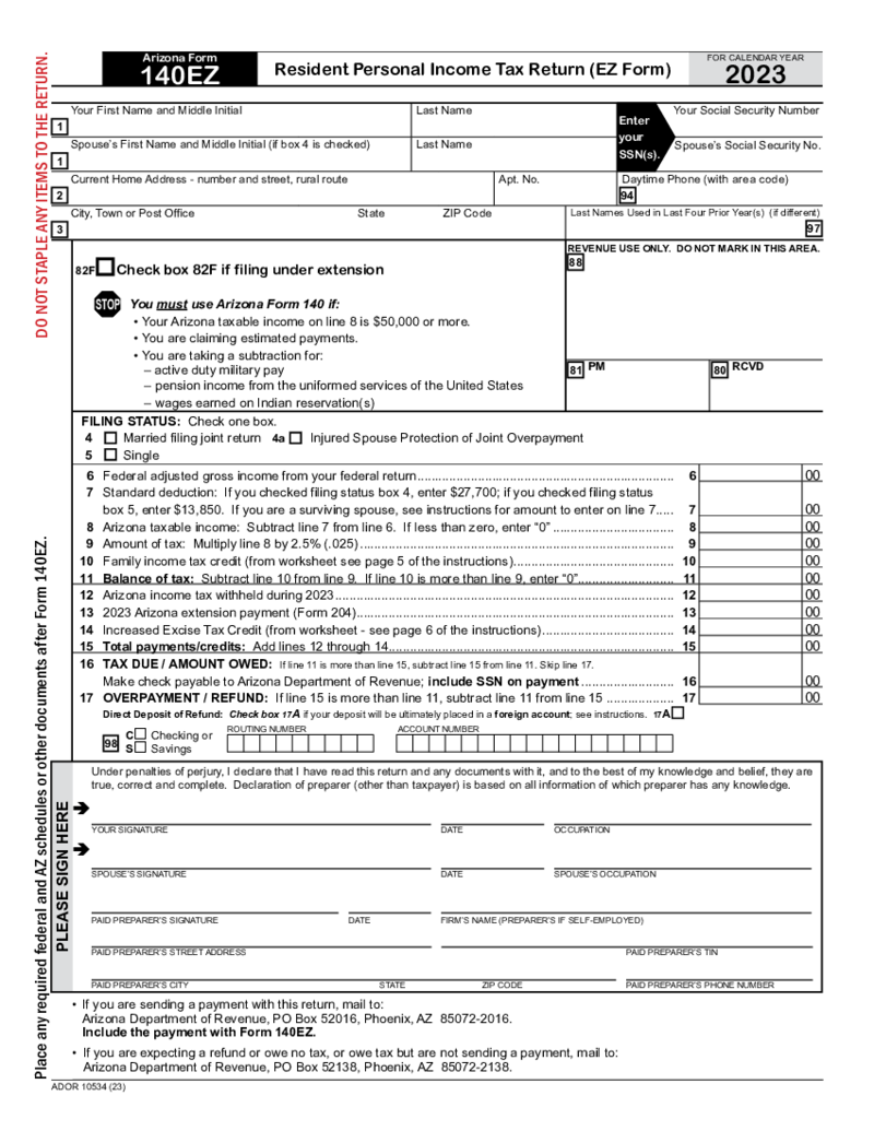 Arizona Form 140EZ