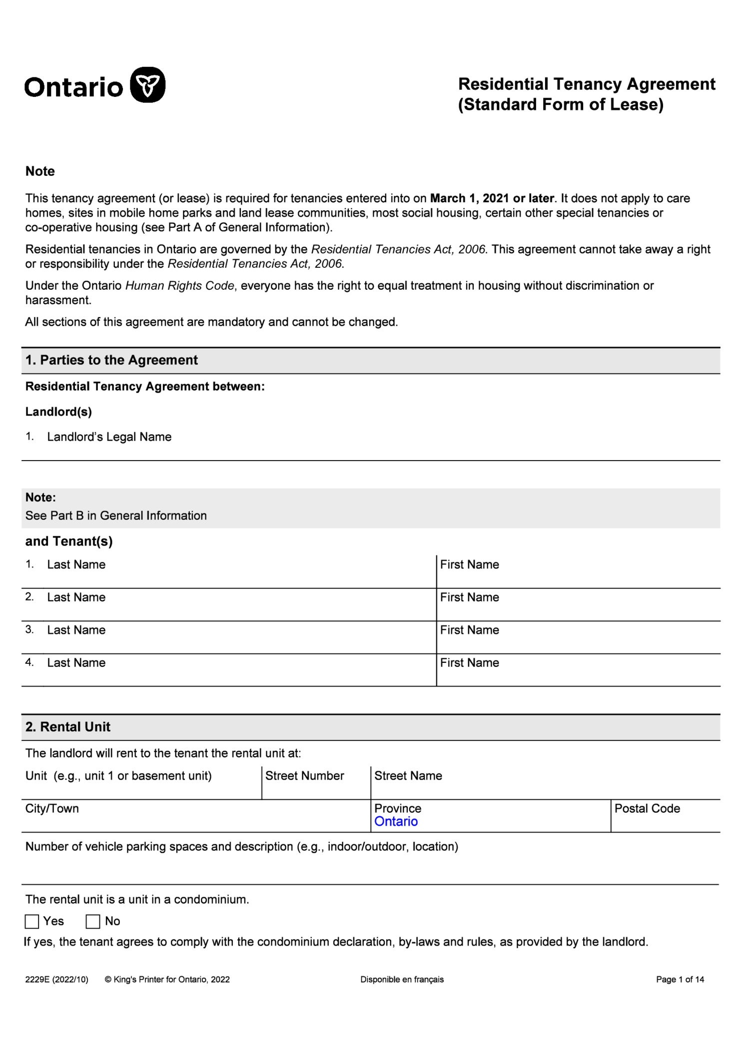 Ontario Standard Lease Agreement - Thumbnail