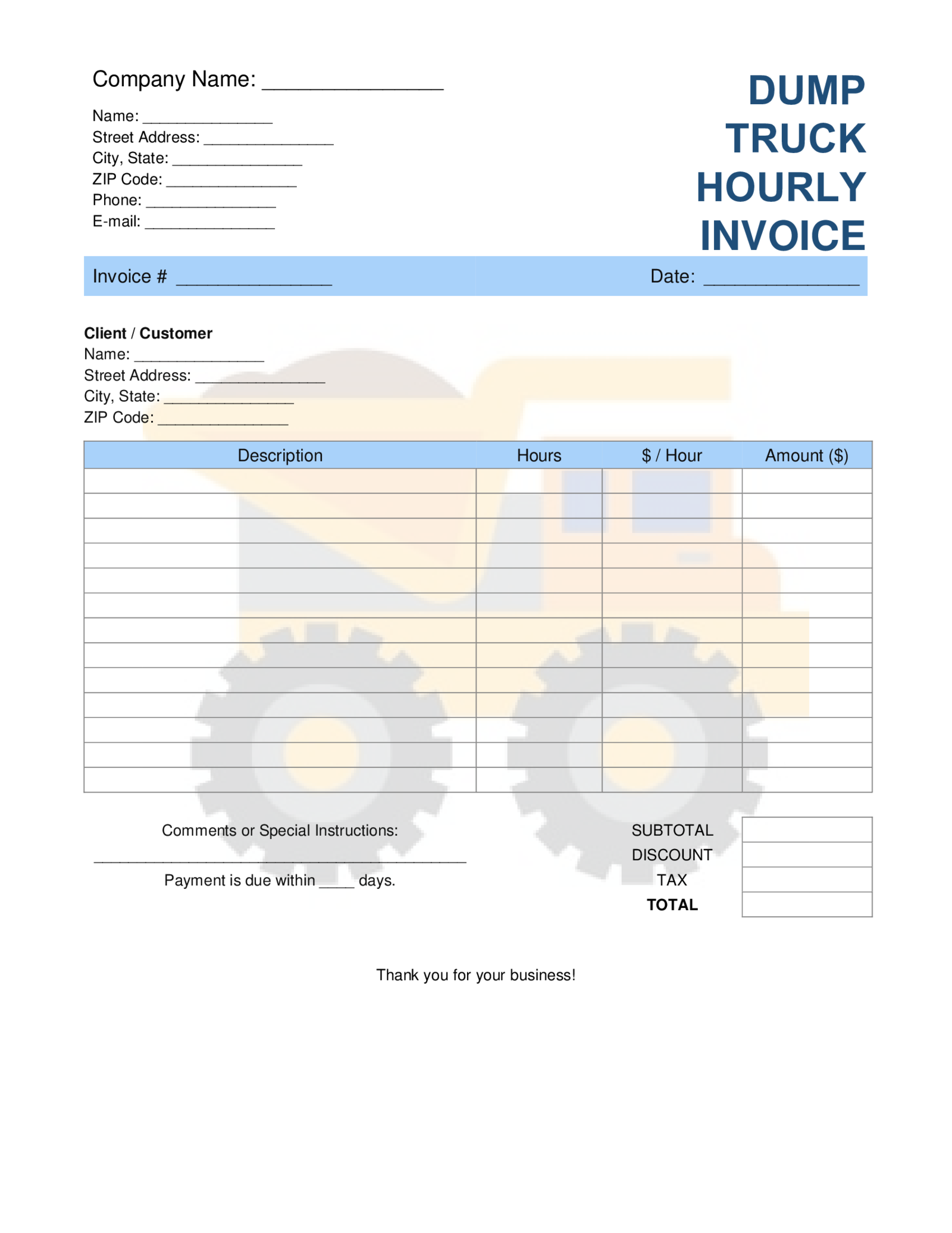 Dump Truck Hourly Invoice Template - Thumbnail