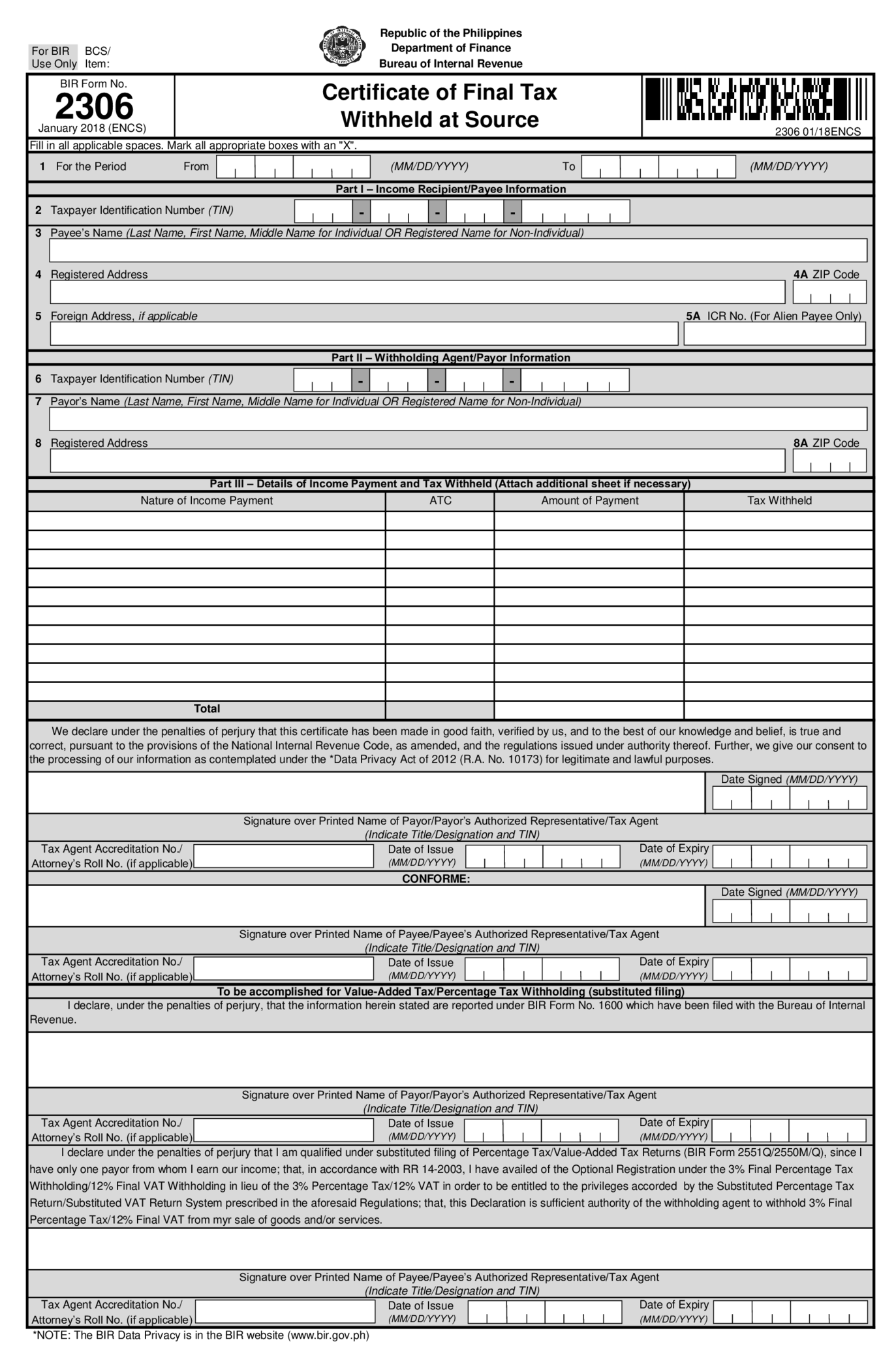 Fillable BIR Form 2306 - Thumbnail