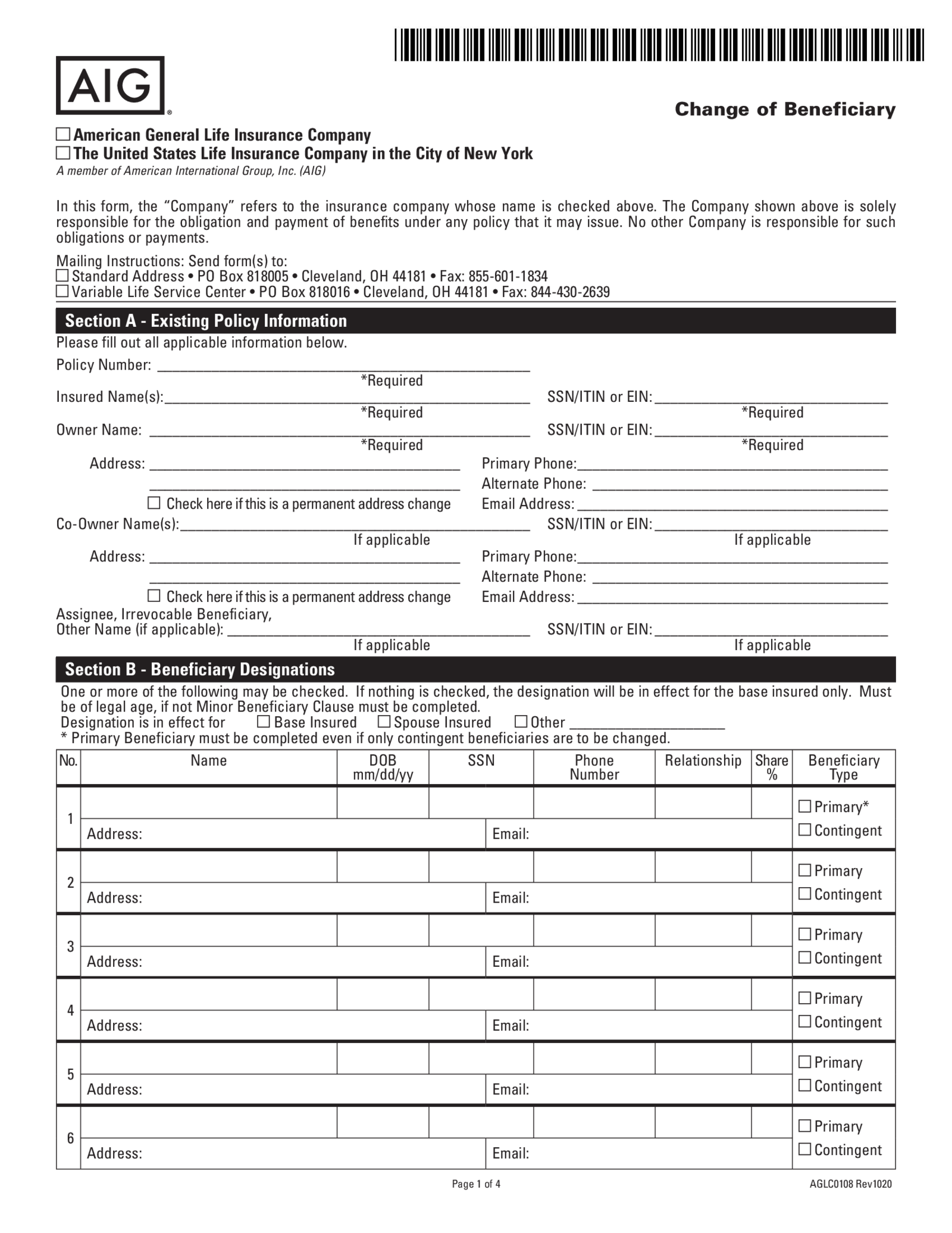 AIG Change of Beneficiary Form - Thumbnail