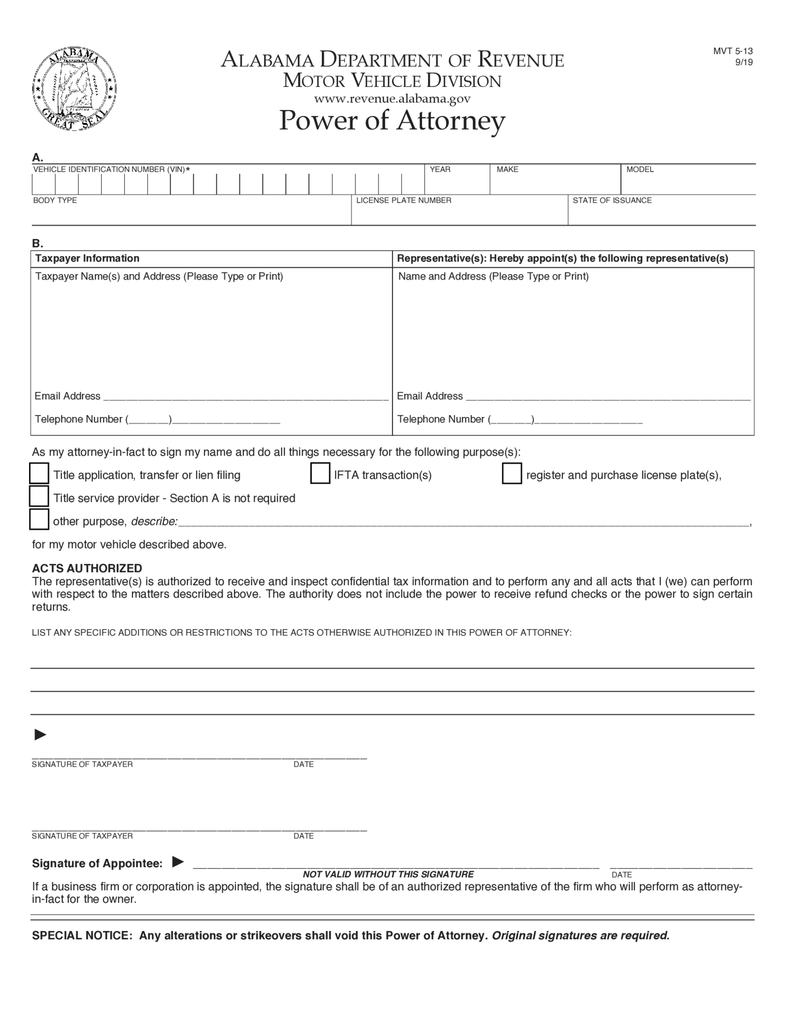 Fillable Alabama Motor Vehicle Division - Power of Attorney - Thumbnail