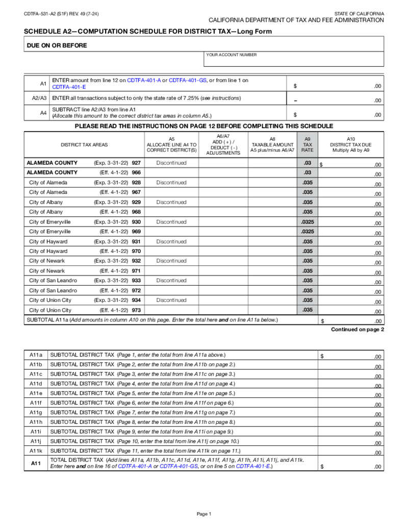 CDTFA-531-A2, Schedule A2 - Computation Schedule for District Tax - Long Form