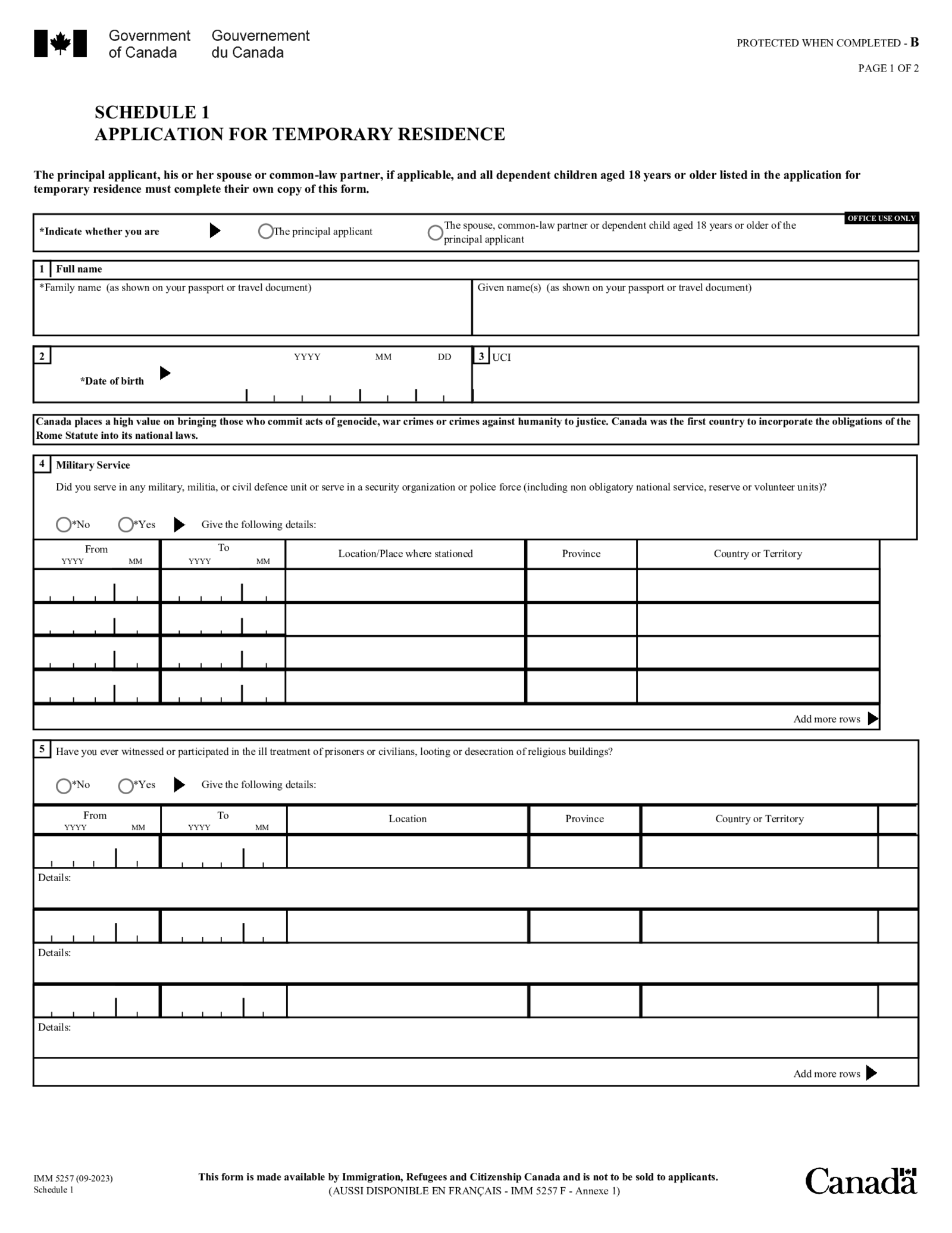 Form Canada IMM 5257 Schedule 1 - Thumbnail