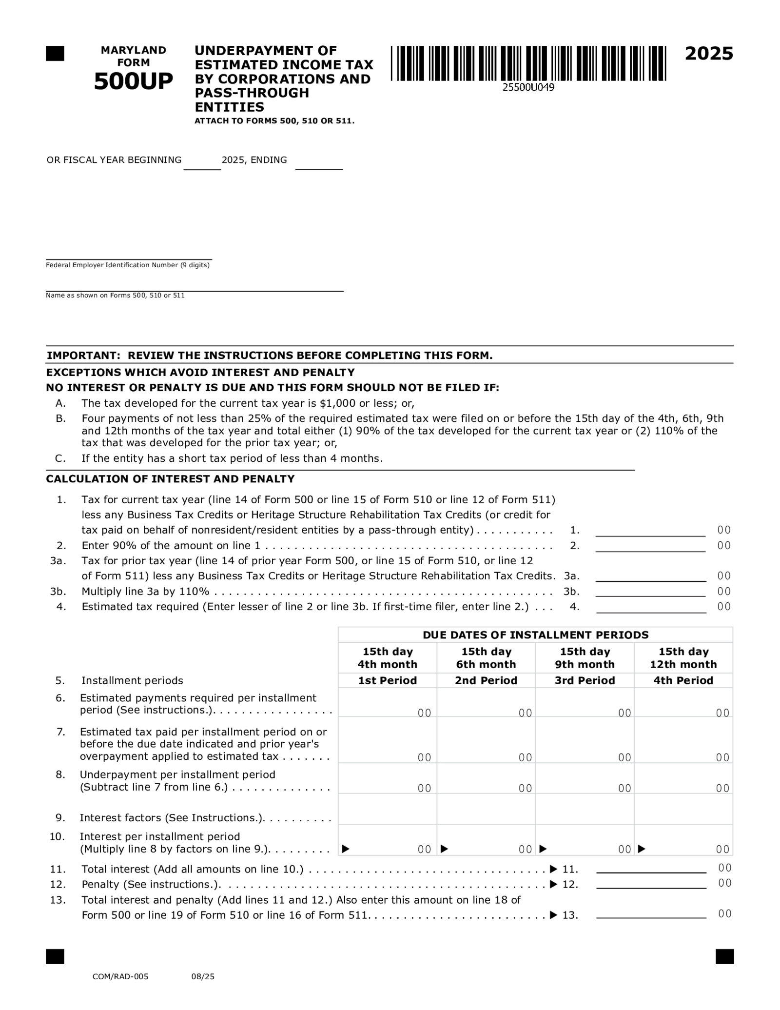 Form 500UP, Underpayment of Estimated Income Tax - Thumbnail