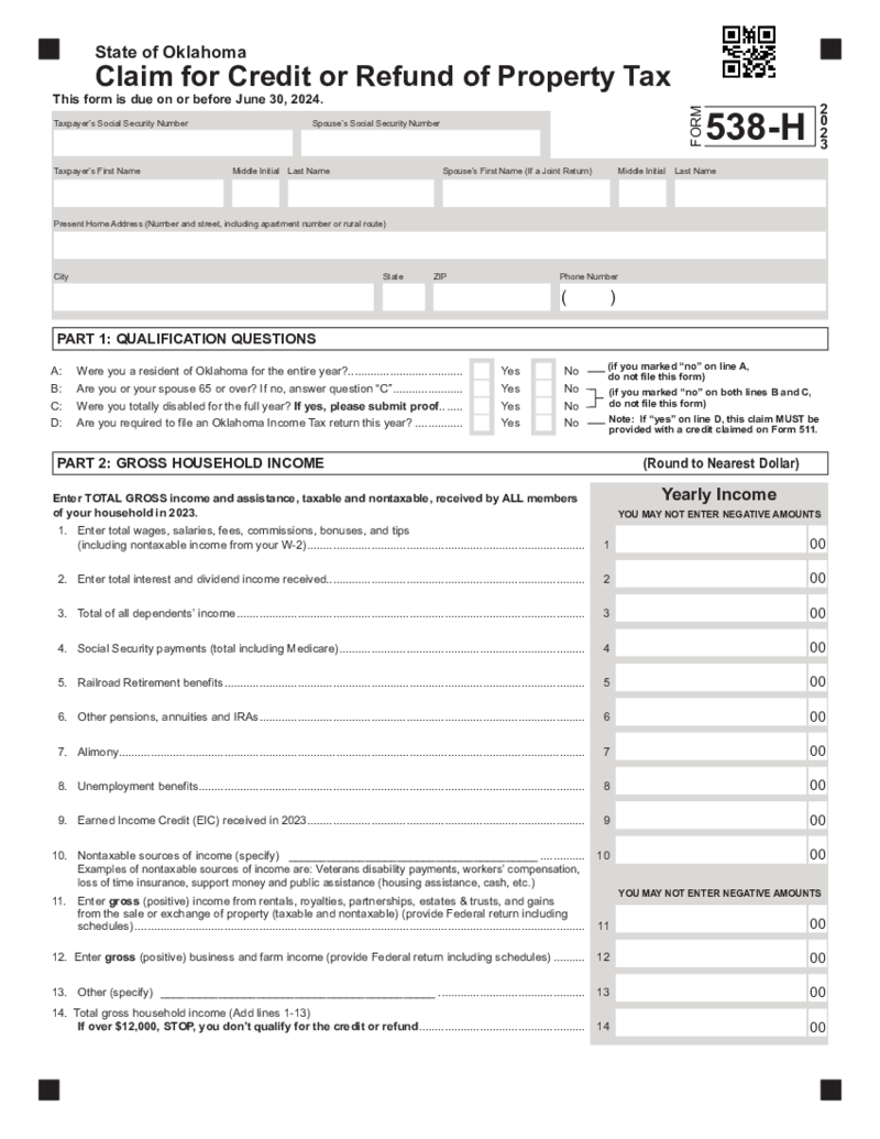 Oklahoma Form 538-H Claim for Credit or Refund of Property Tax (2023)