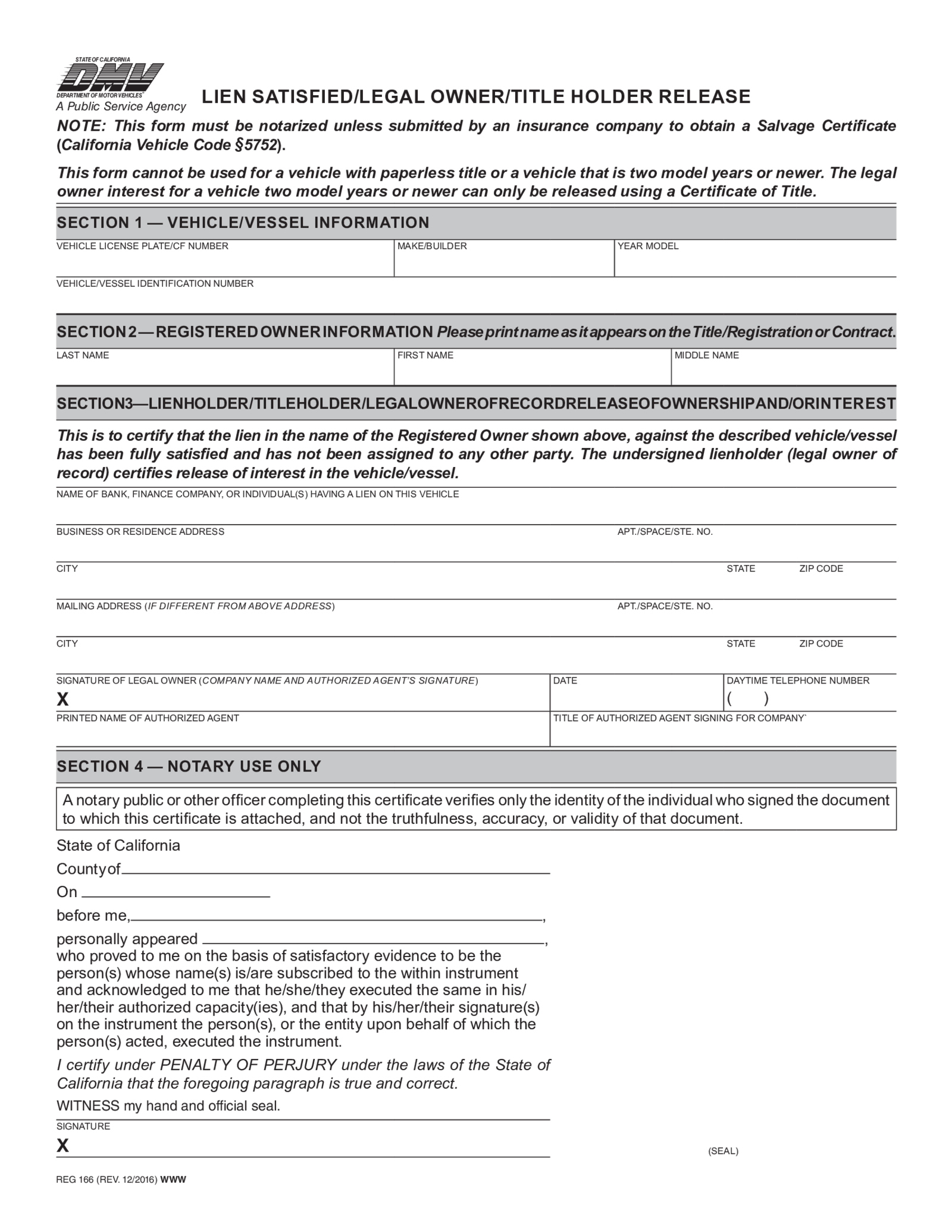 Fillable Lien Satisfied, Title Holder Release (REG 166) - Thumbnail