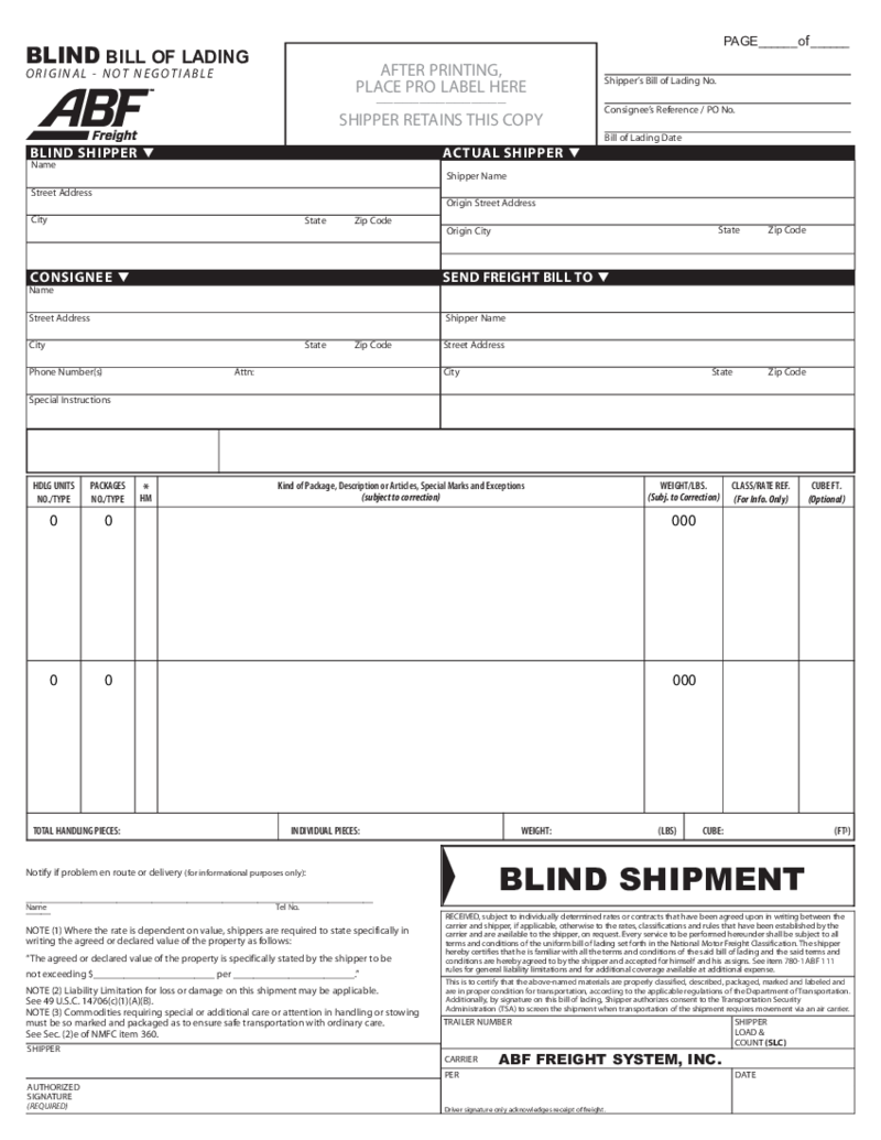 ABF Freight Blind Bill of Lading