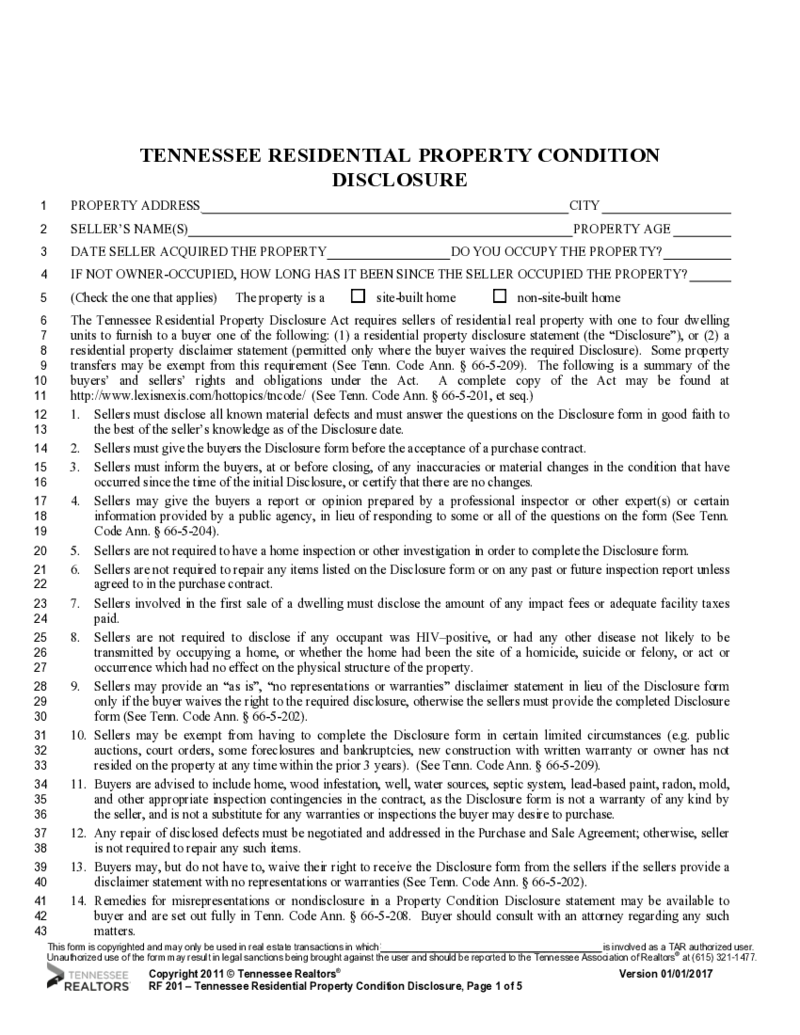 Form RF204 Tennessee Residential Property Condition Statement