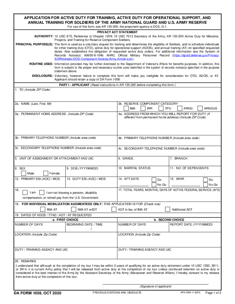 Form DA 1058 (2020)