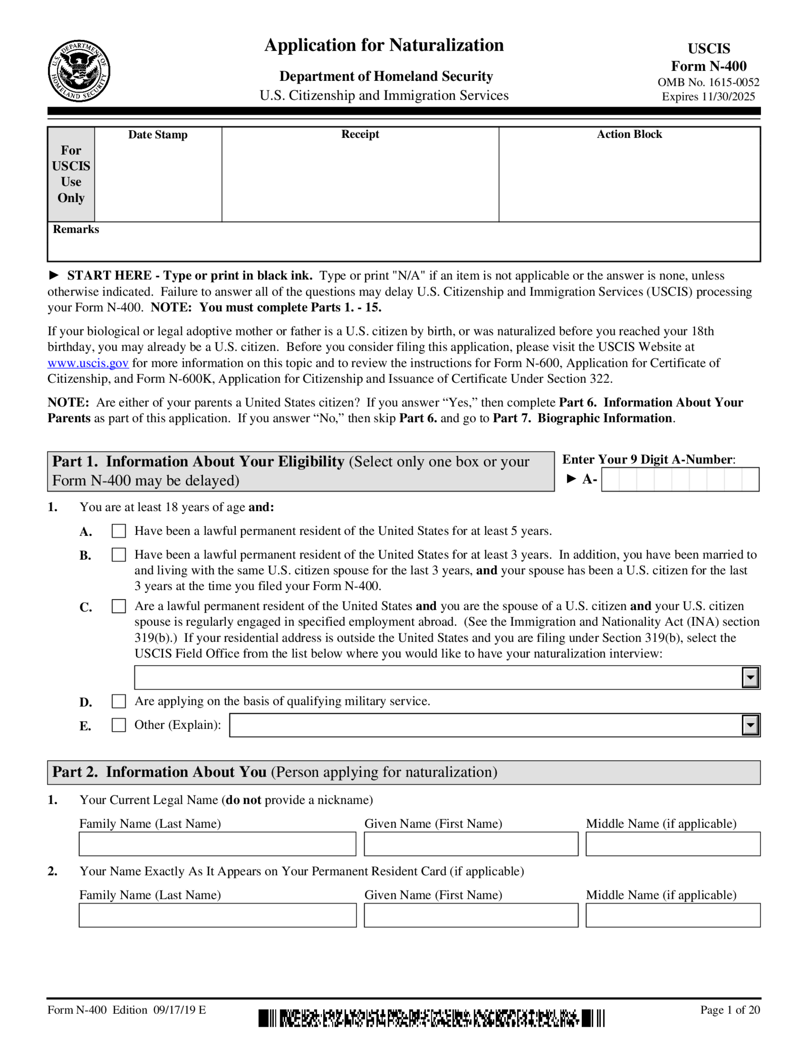 USCIS Form N-400, Application for Naturalization - Thumbnail