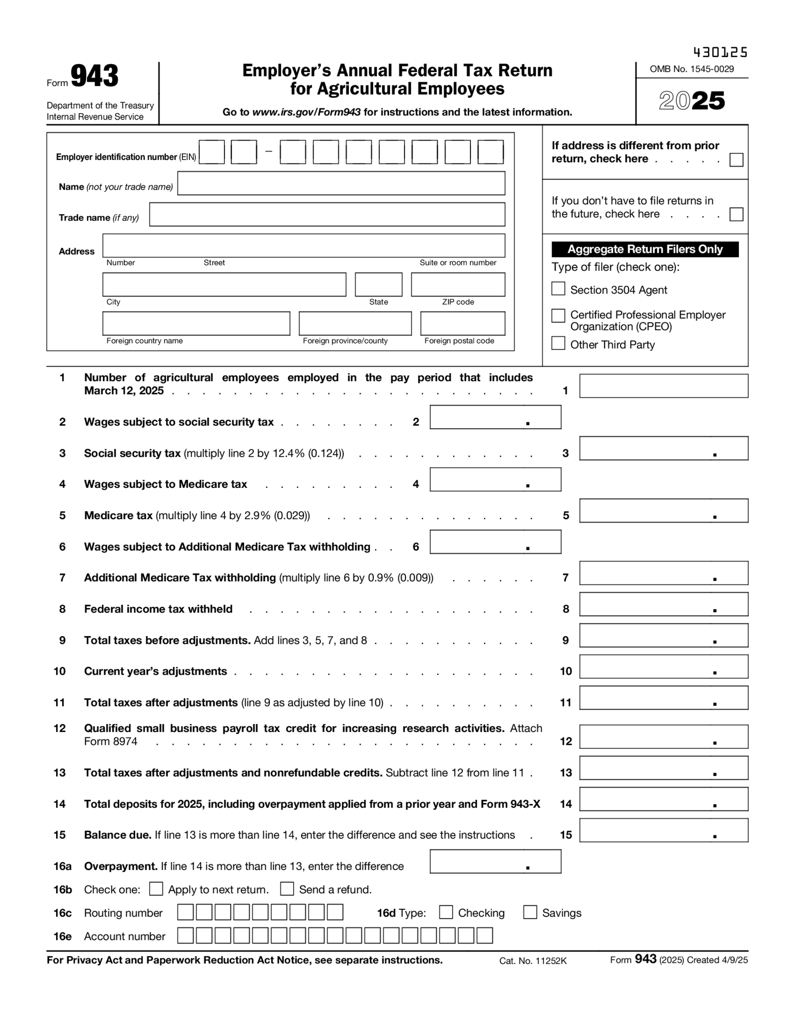 Form 943 - Thumbnail