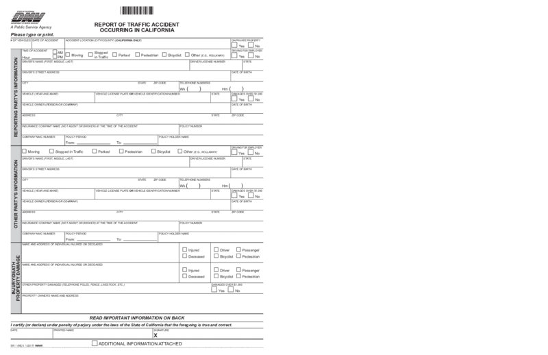 California DMV SR 1 Form - Report of Traffic Accident