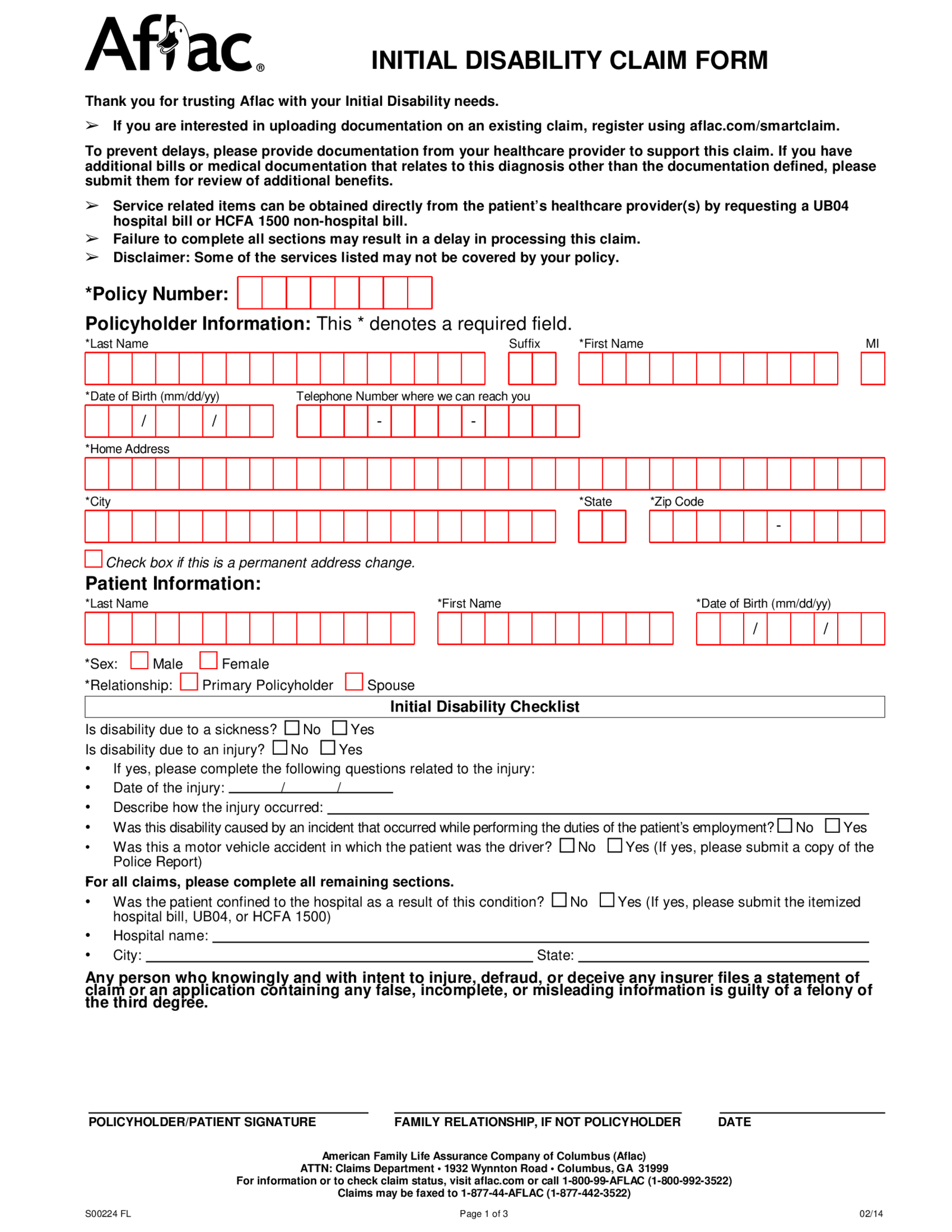 Aflac Initial Disability Claim Form - Thumbnail