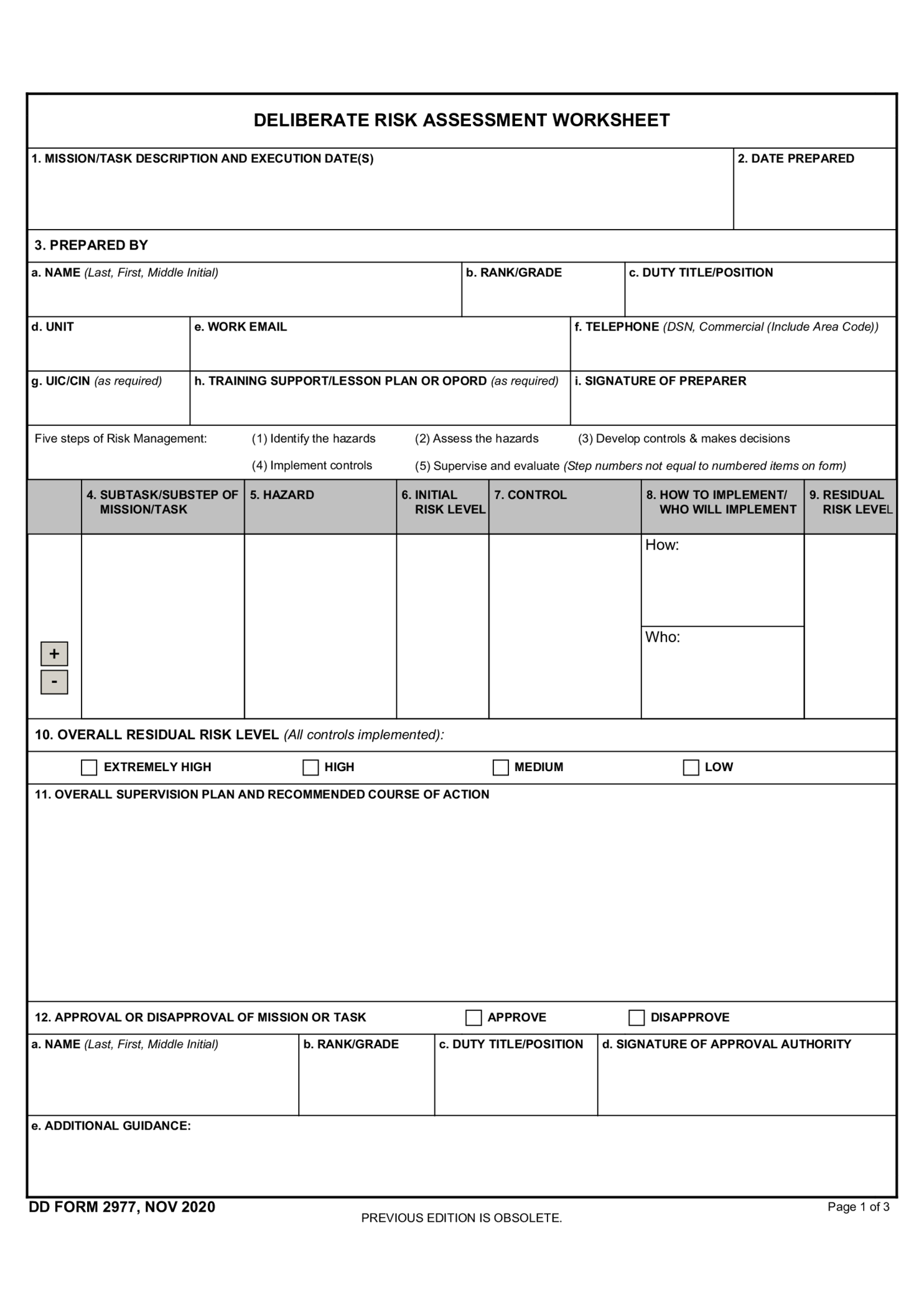 Form DD 2977, Deliberate Risk Assessment Worksheet - Thumbnail