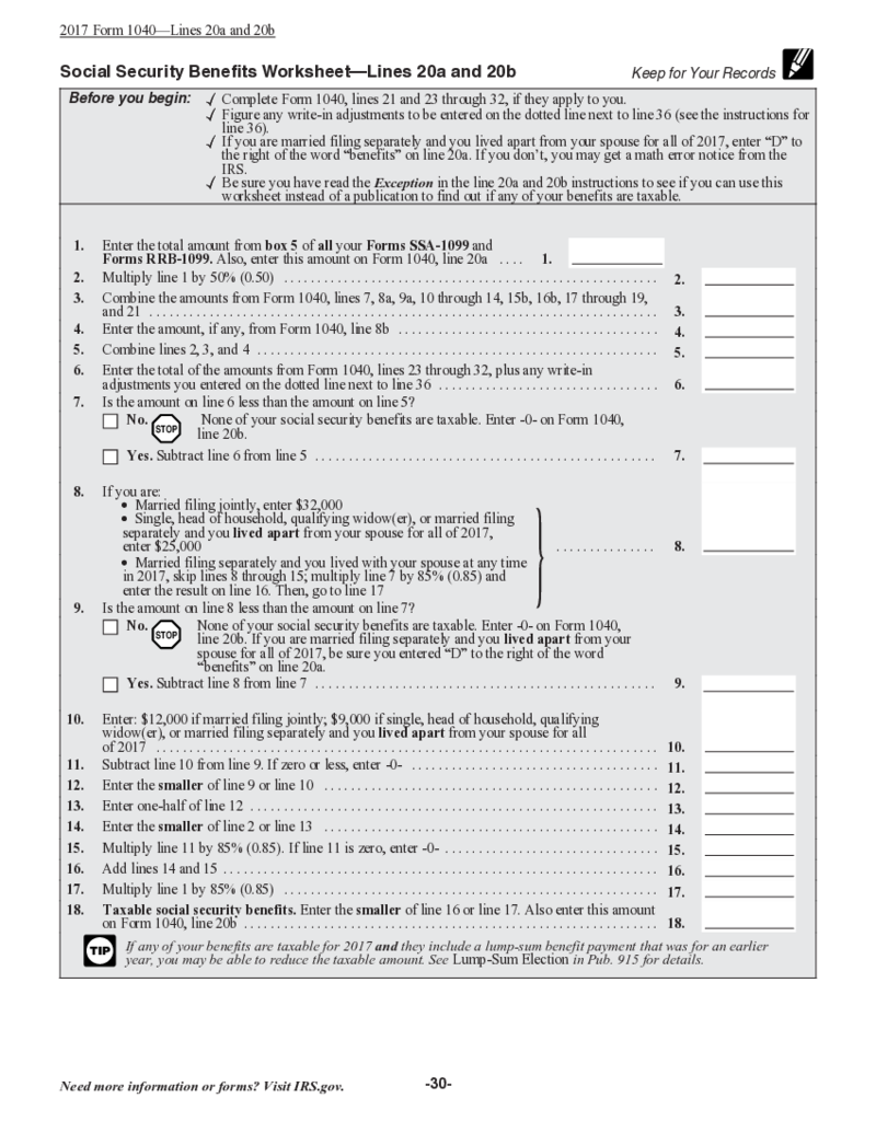 Taxable Social Security Benefits Worksheet (2017)