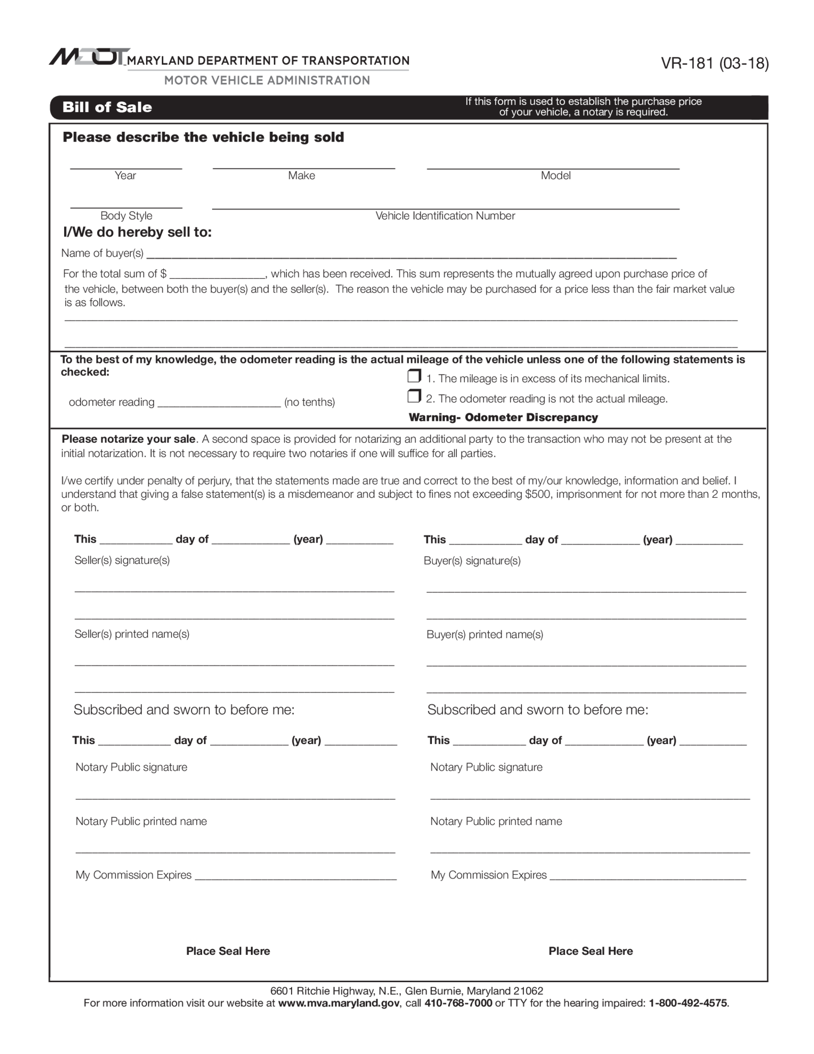 Maryland Bill of Sale - Thumbnail