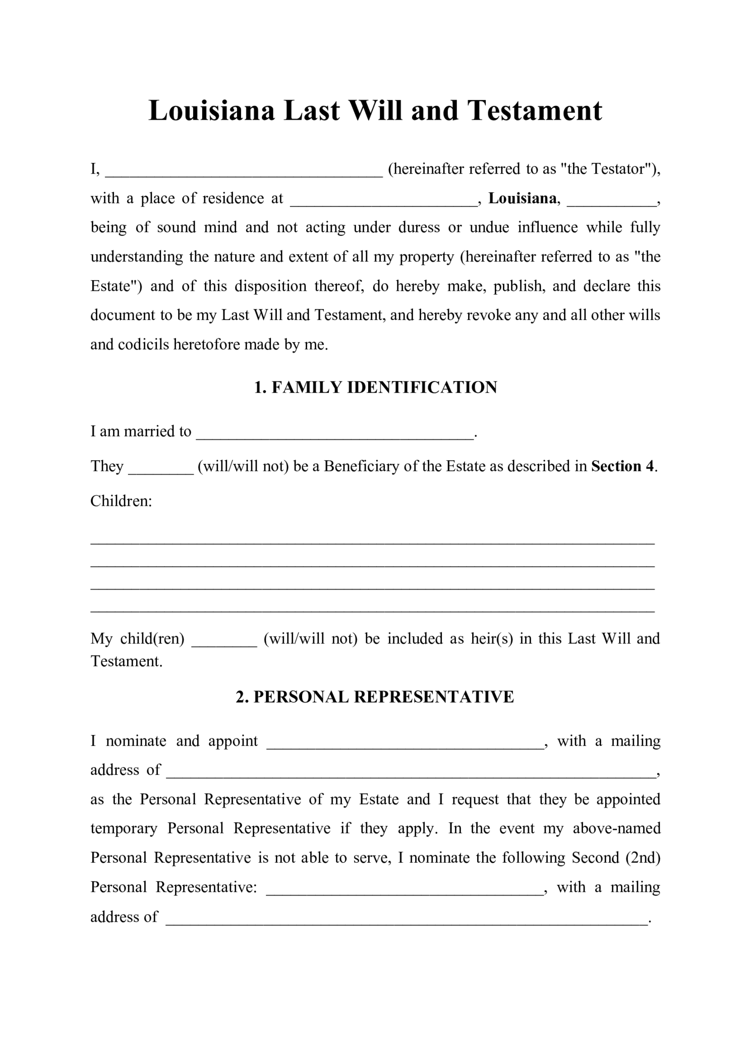 Louisiana Last Will and Testament Form - Thumbnail