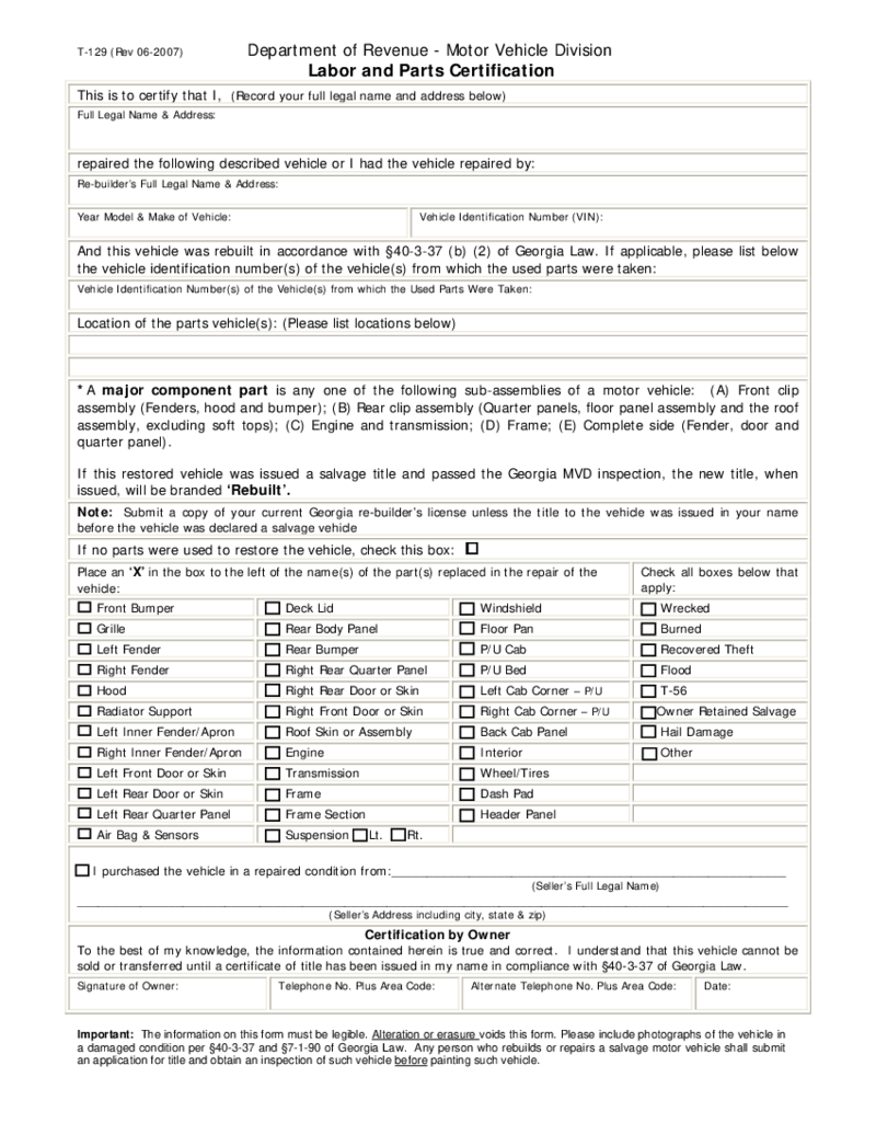 Form T-129, Motor Vehicle Division Labor and Parts Certification - Georgia