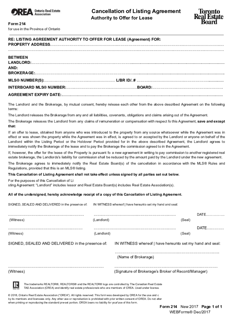 Form 214, Cancellation of Listing Agreement - Authority to Offer for Lease