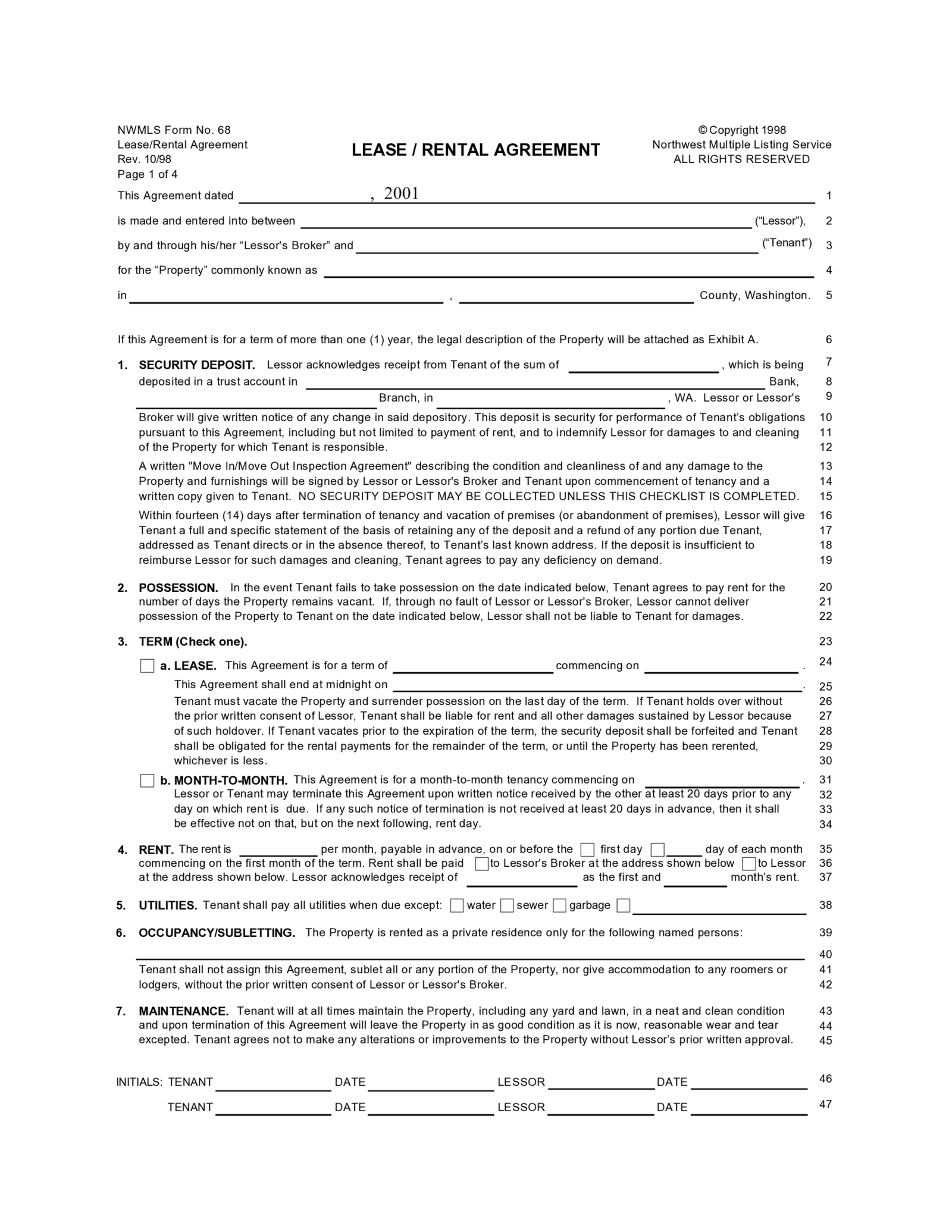 Fillable Form 68 Lease Rental Agreement - Thumbnail