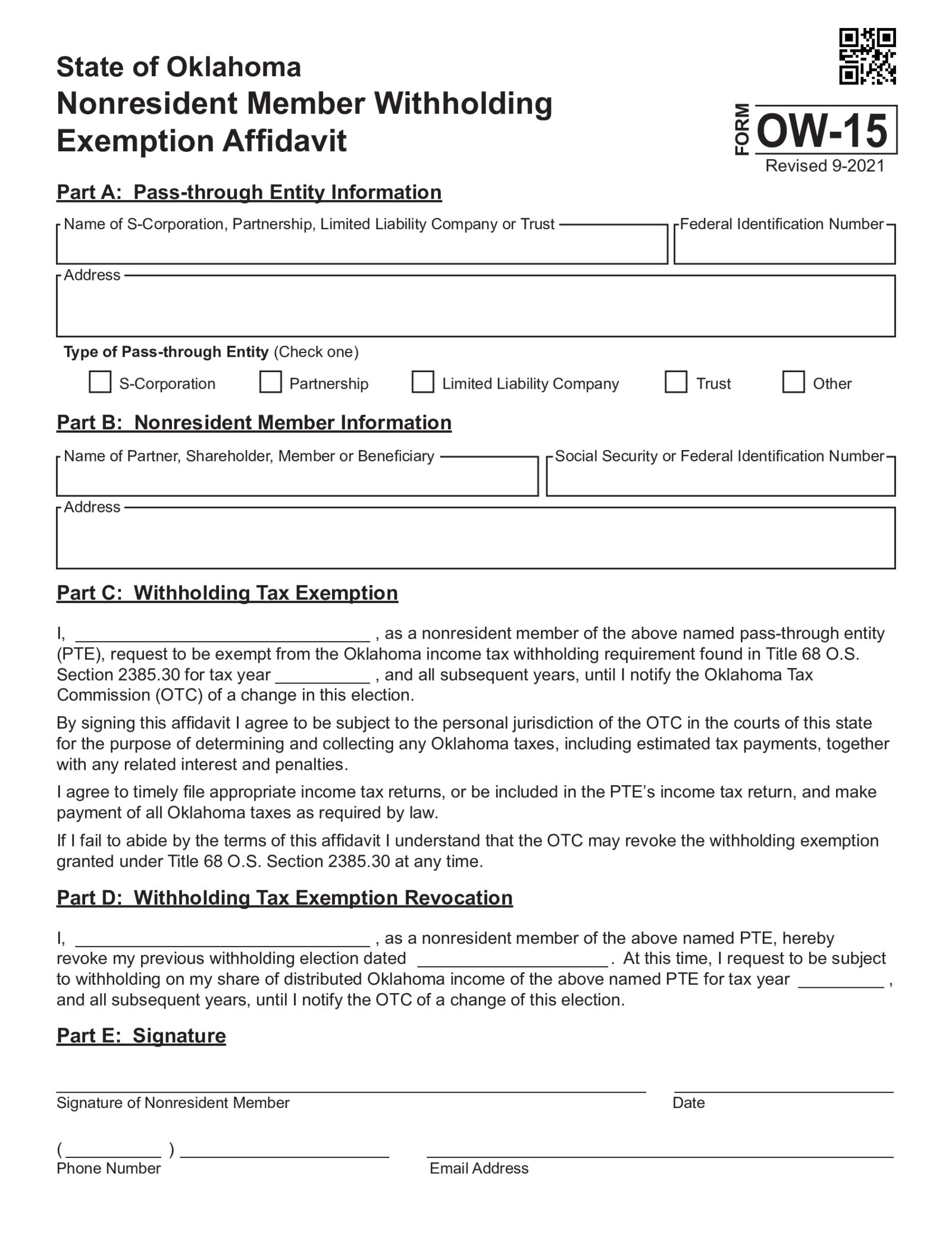 Form OW-15 Nonresident Member Withholding Exemption Affidavit - Thumbnail