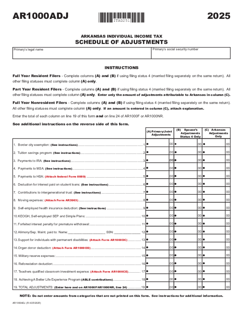 Arkansas Tax Form AR1000ADJ