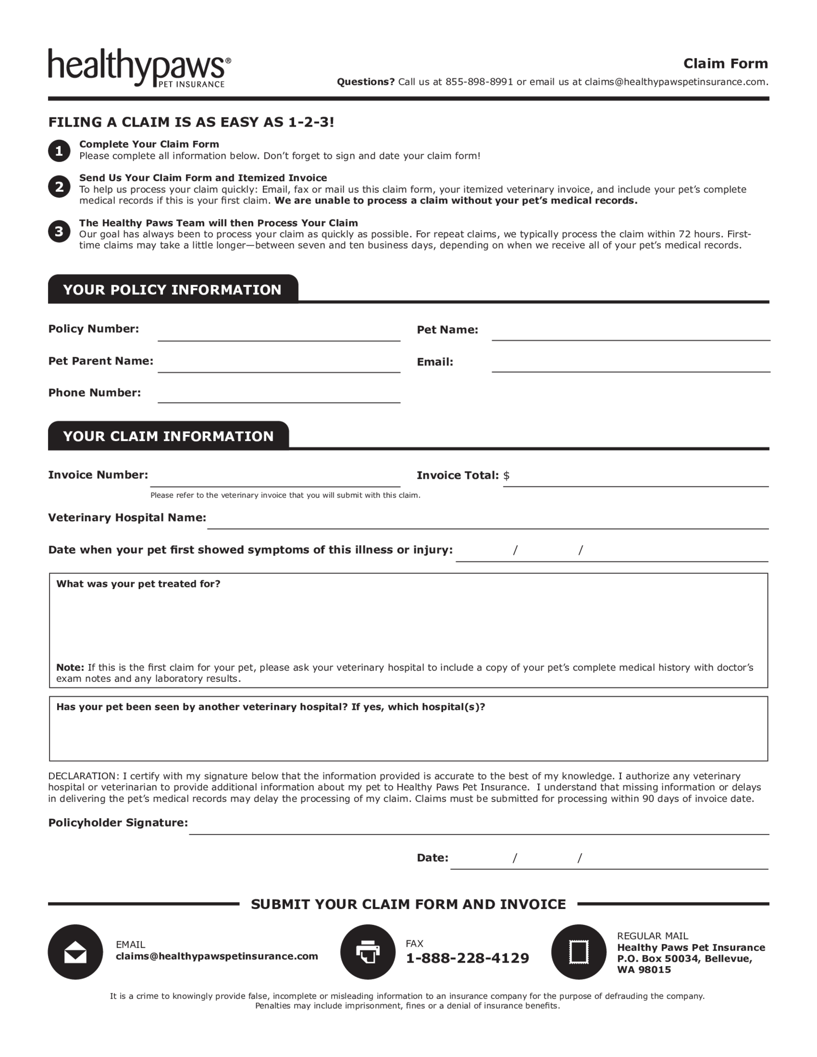 Healthy Paws Claim Form - Thumbnail