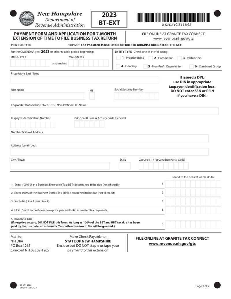 New Hampshire Form BT-EXT