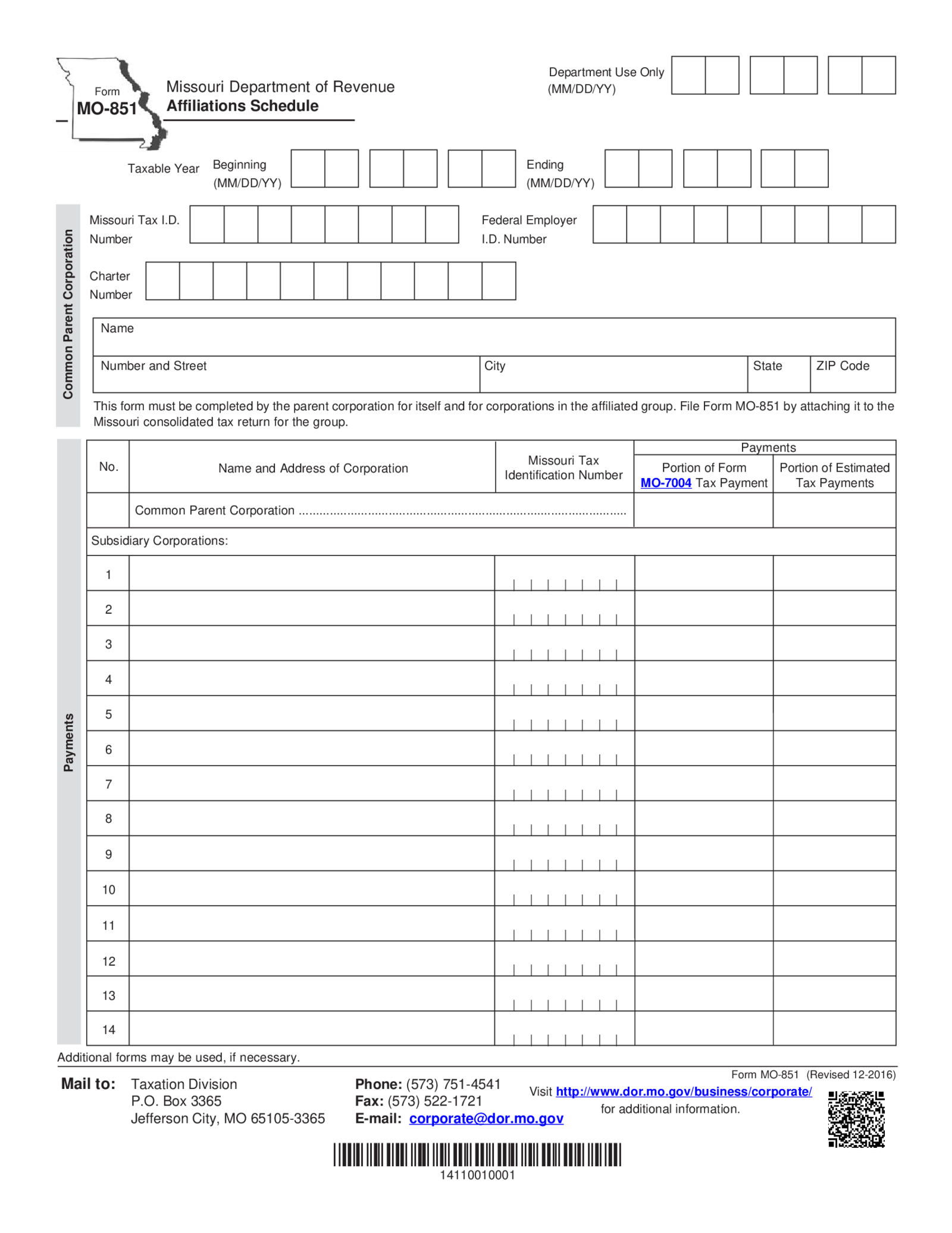 Form MO-851 - Affiliations Schedule - Thumbnail