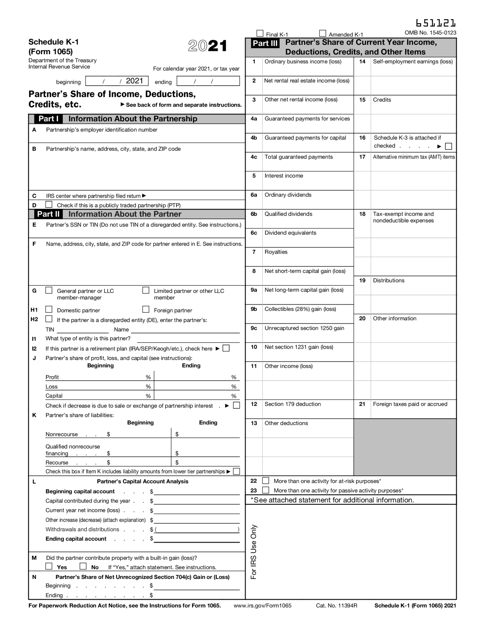 Schedule K-1 Form 1065 (2021) - Thumbnail