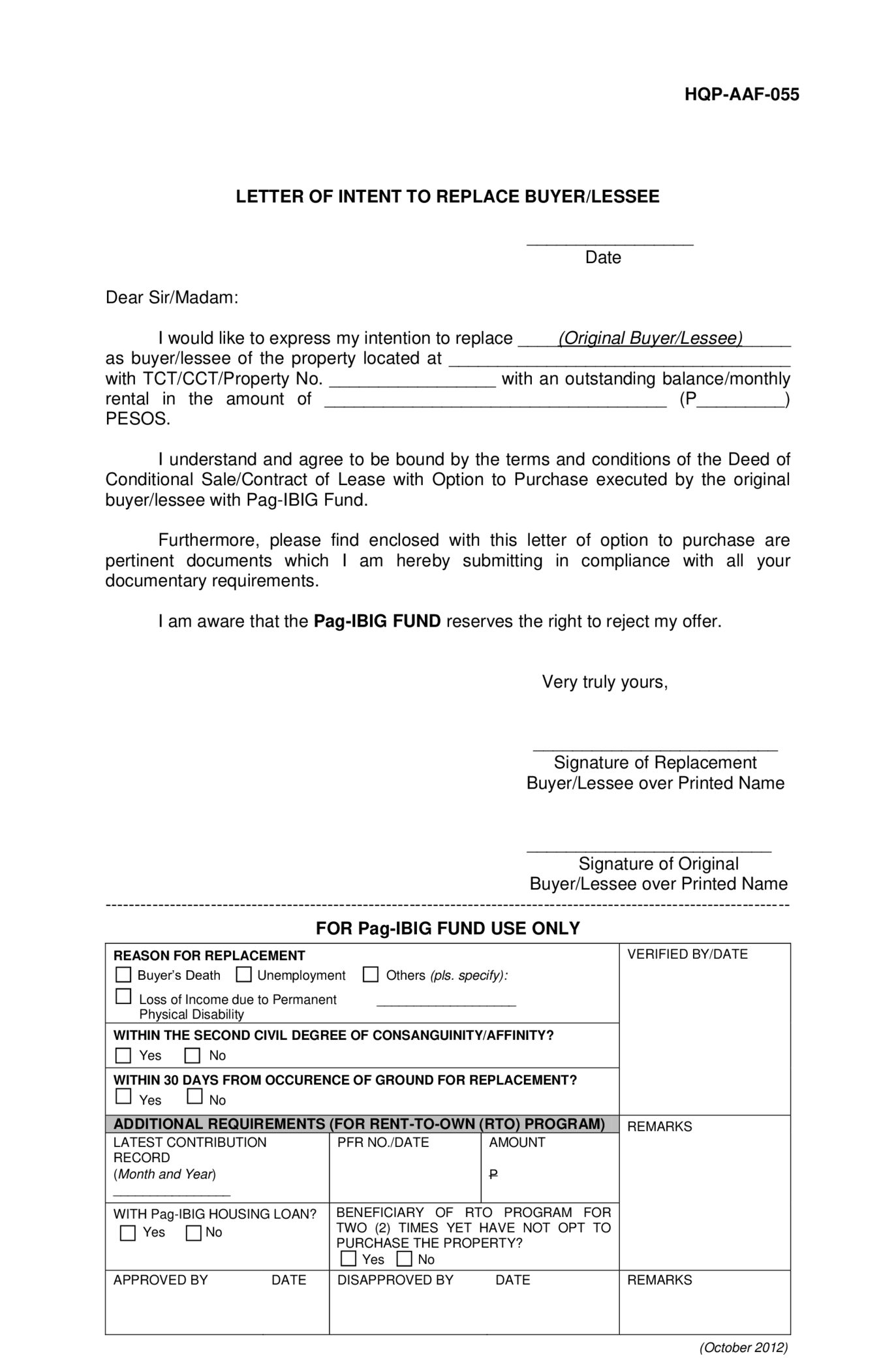 Pag IBIG Fund Letter of Intent to Replace Buyer or Lessee - Thumbnail