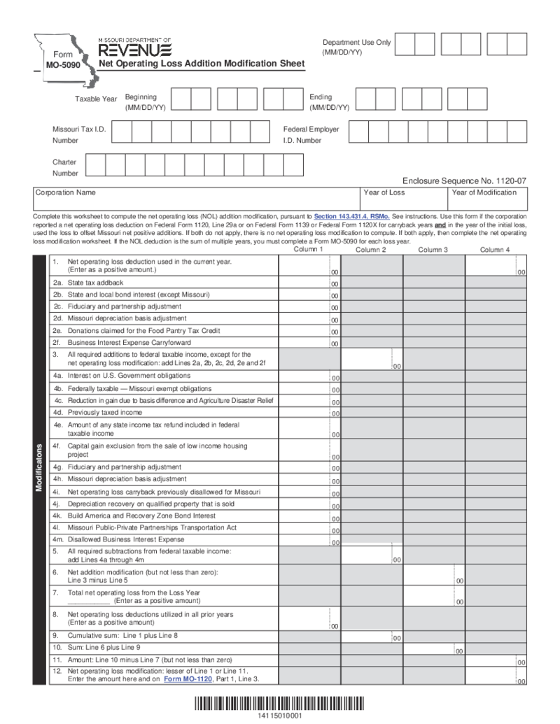 Form MO-5090 - Net Operating Loss Addition Modification Worksheet