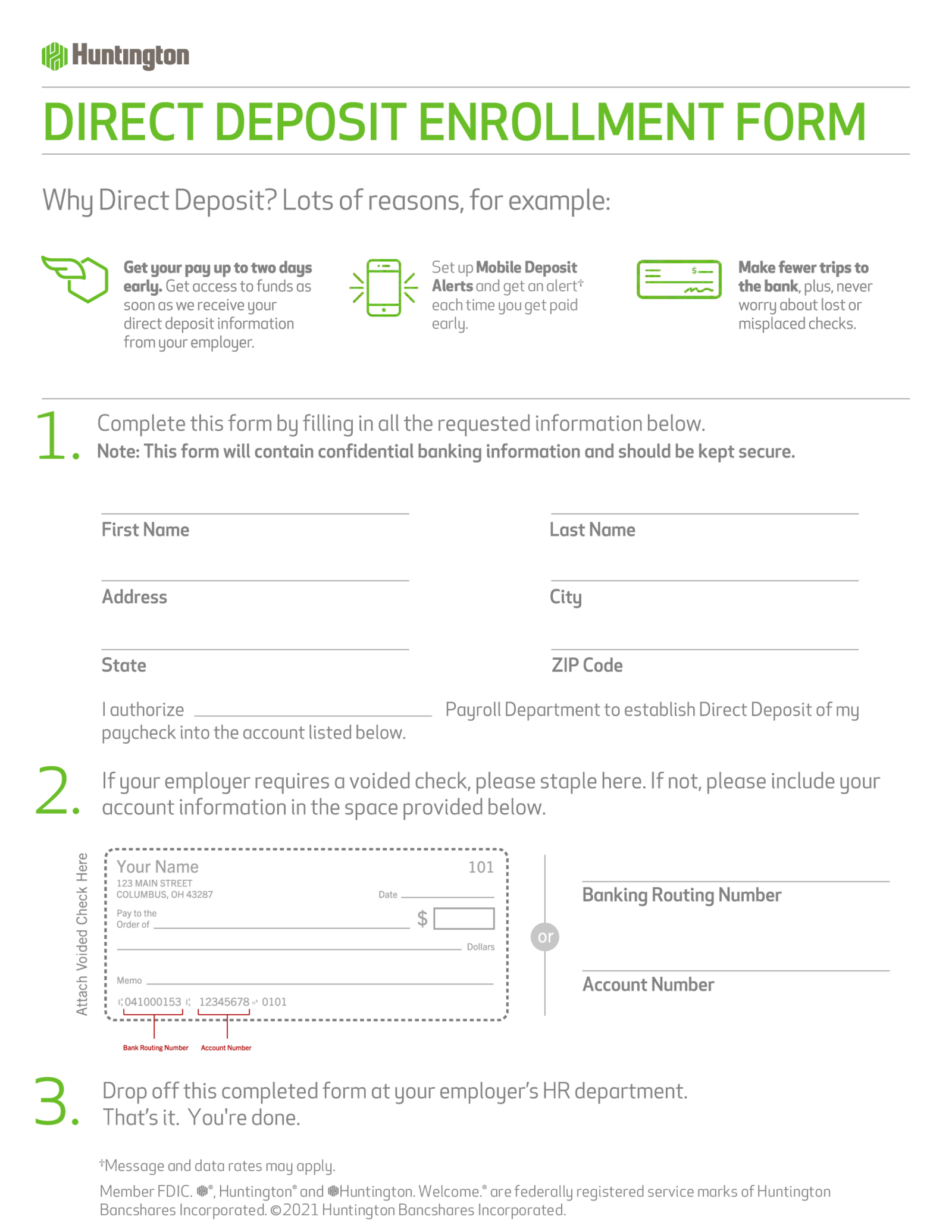 Huntington Bank Direct Deposit Enrollment Form - Thumbnail