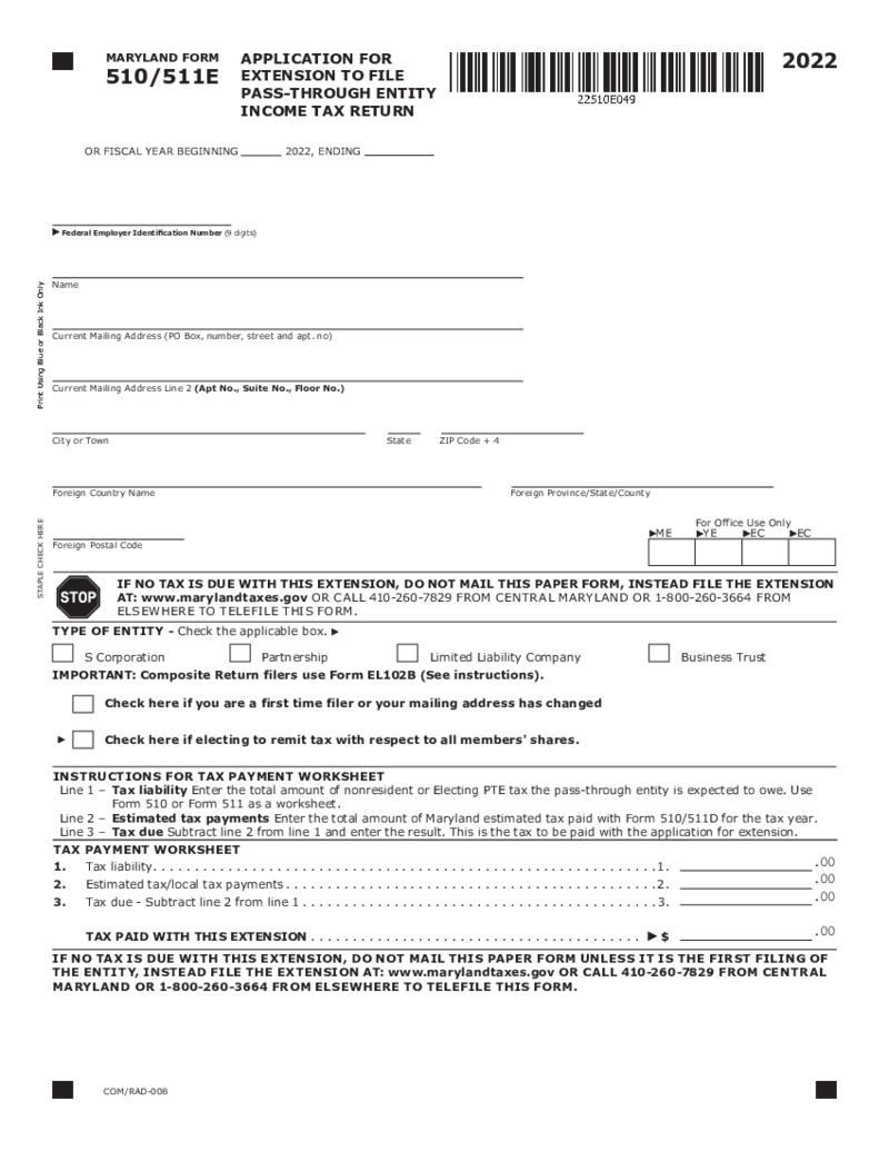 Form 510E - 511E Application for Extension to File Pass-Through Entity