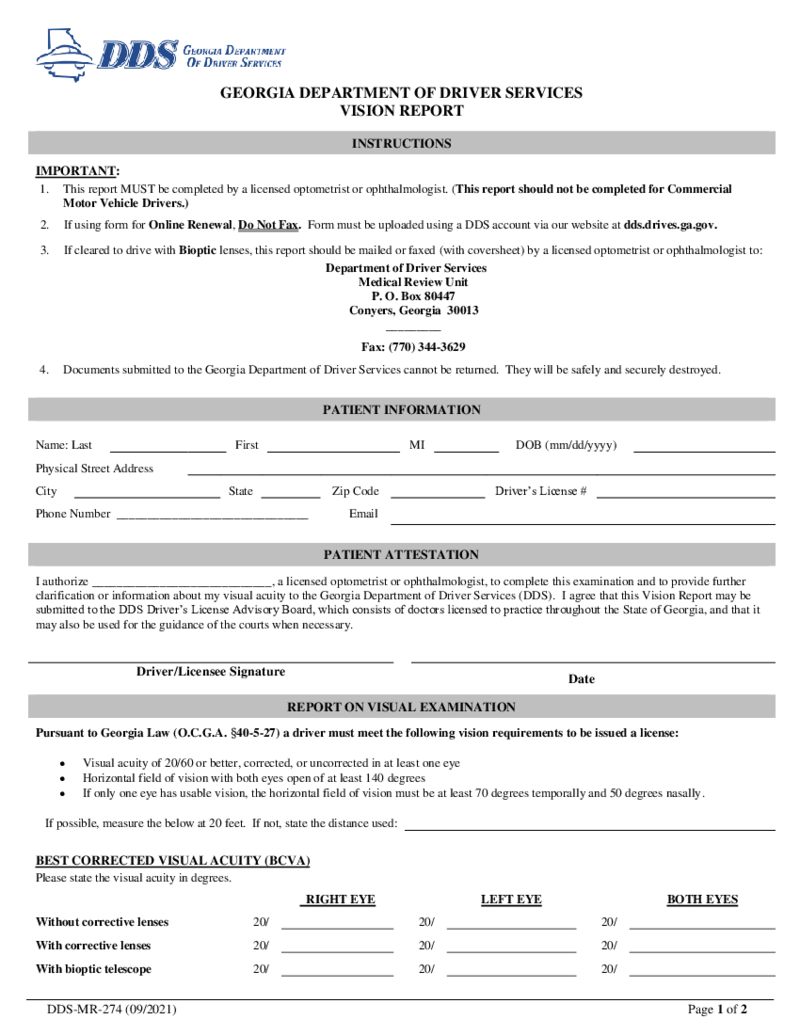 Form DDS-MR-274, Georgia Department of Driver Services Vision Report