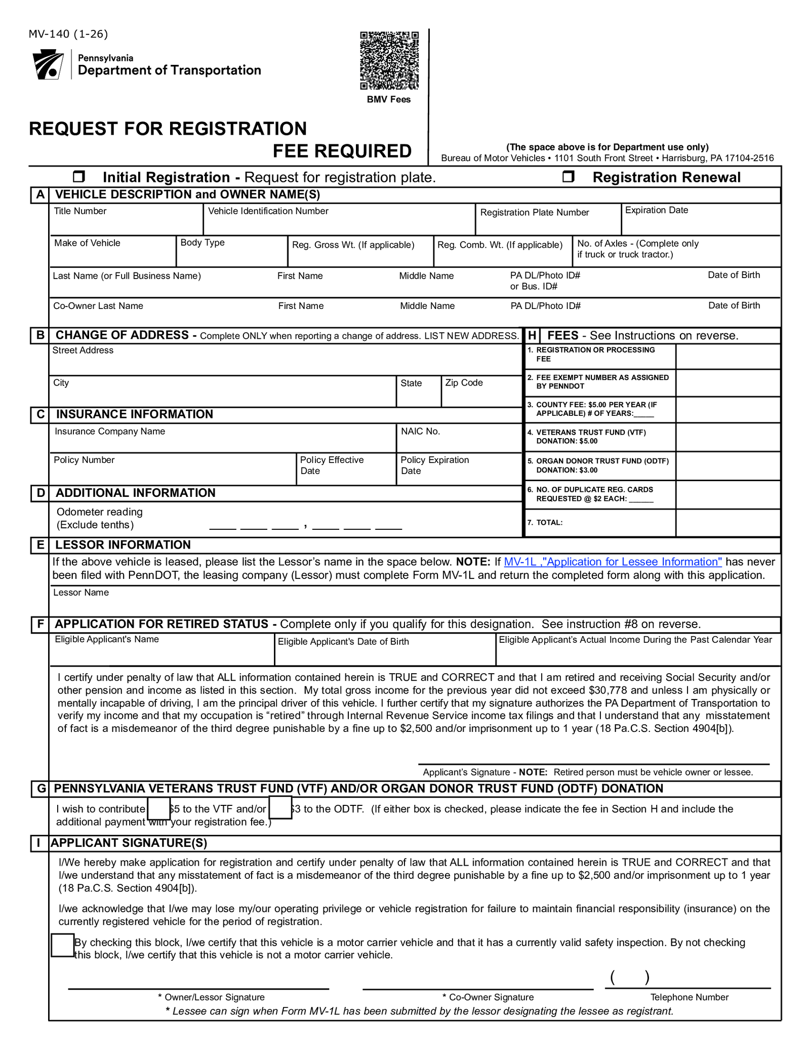 Pennsylvania Renewal Registration - MV-140 - Thumbnail