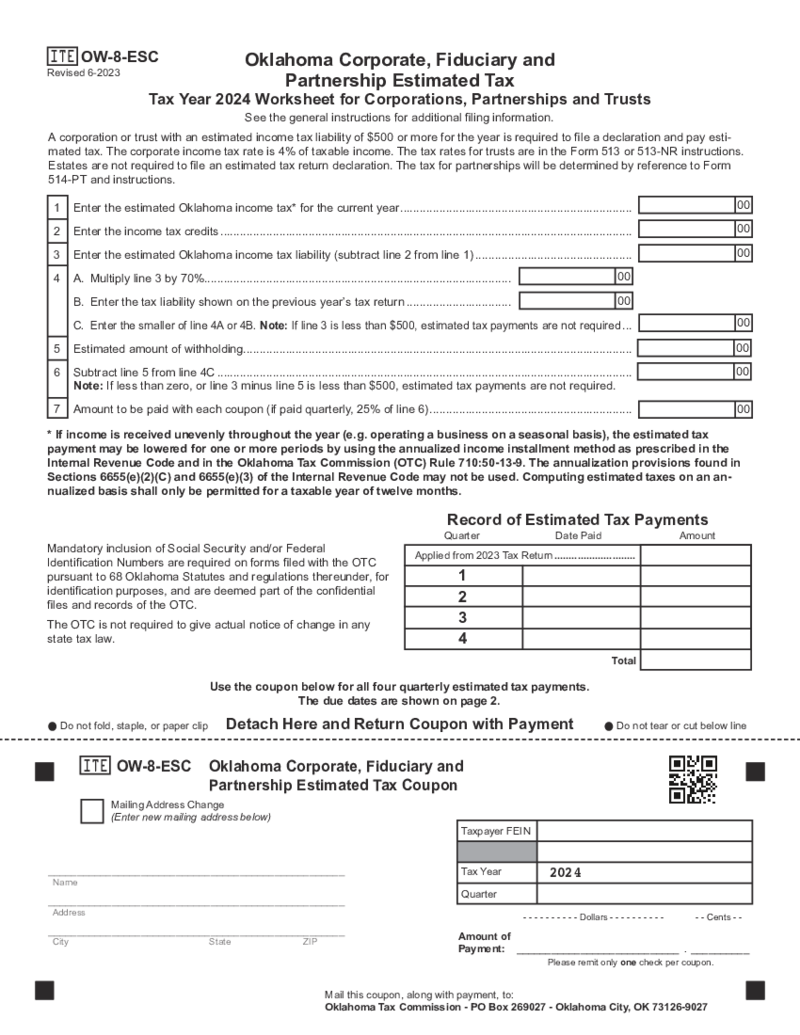 Form OW-8-ESC Oklahoma Corporate