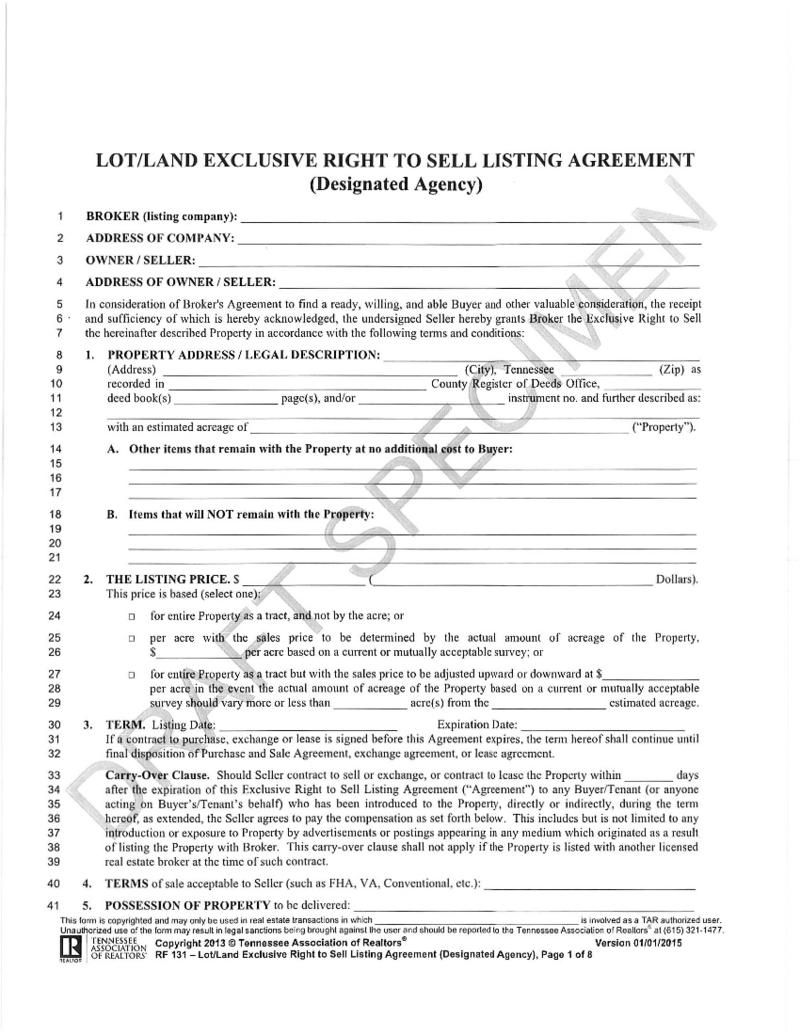 Form RF 131 Lot Land Exclusive Right to Sell Listing Agreement