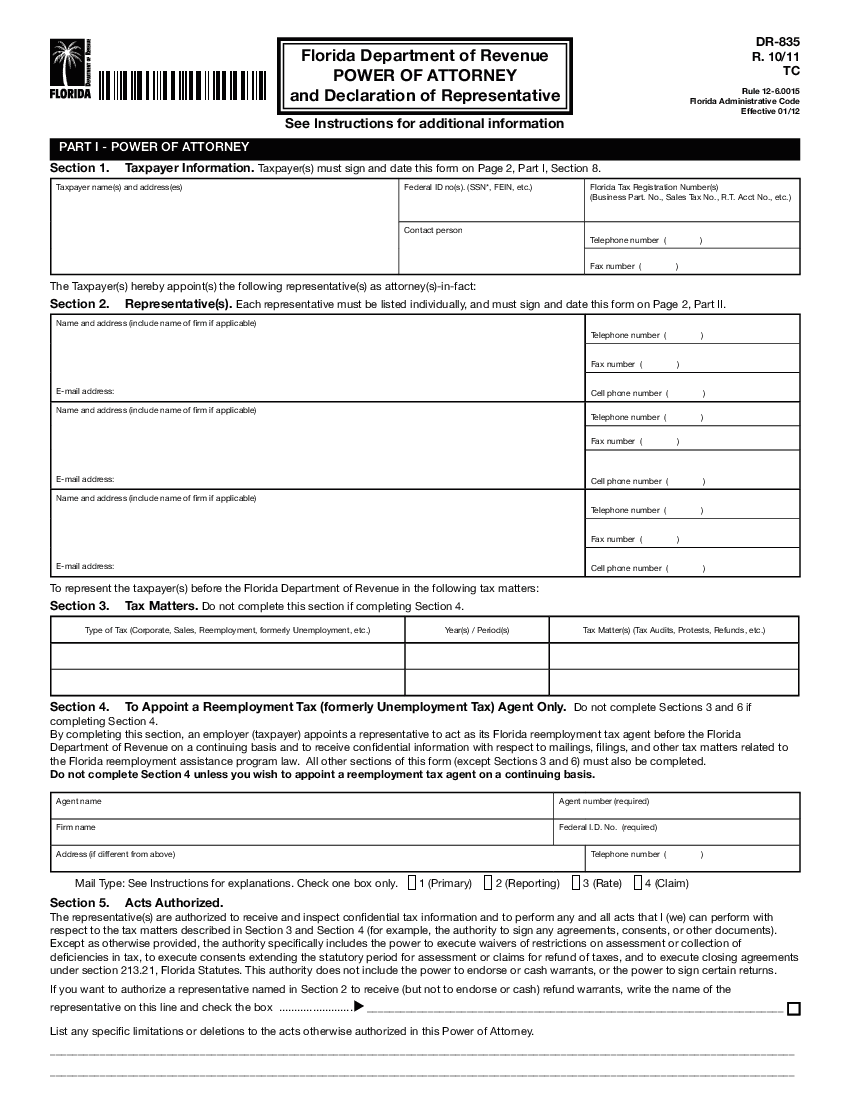 Florida State Tax Power of Attorney (Form DR-835)