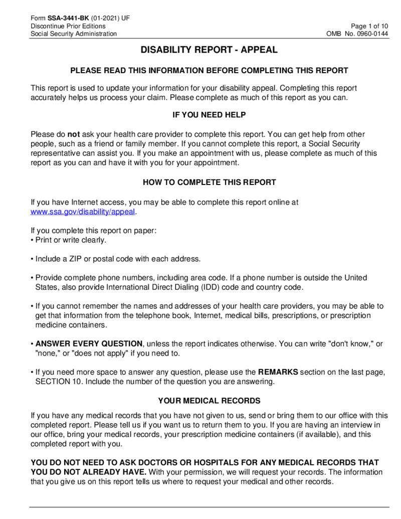 Form SSA-3441, Disability Report - Appeal