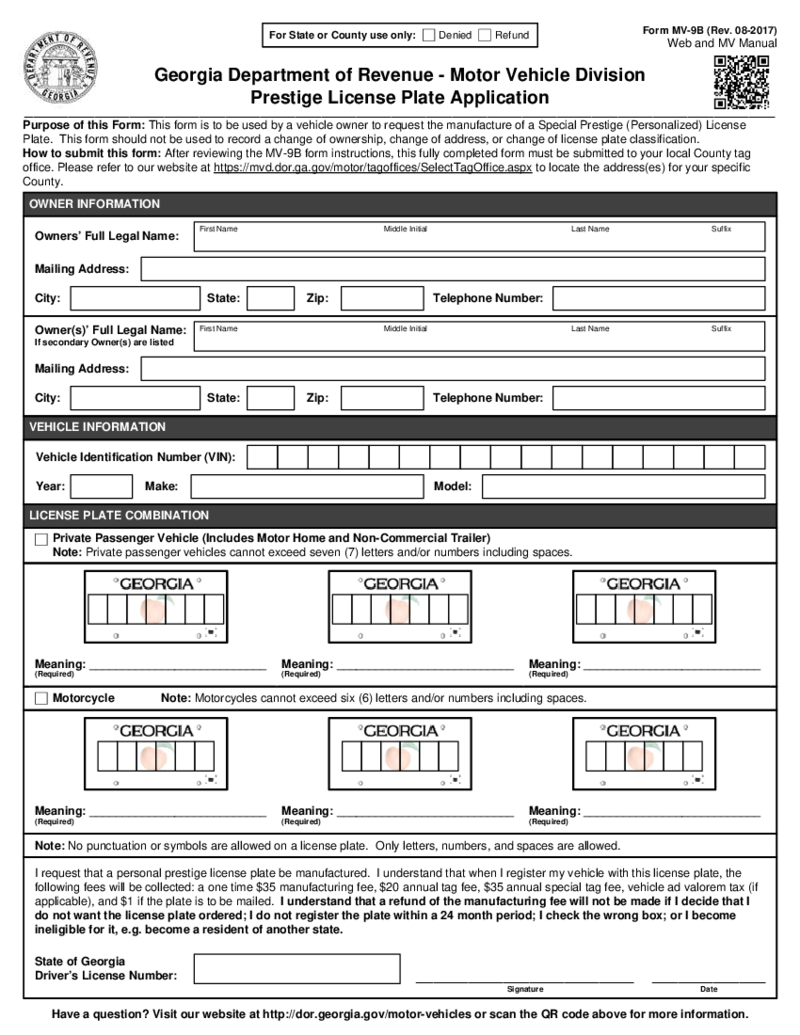 Form MV-9B, Person License Plate Application - Georgia