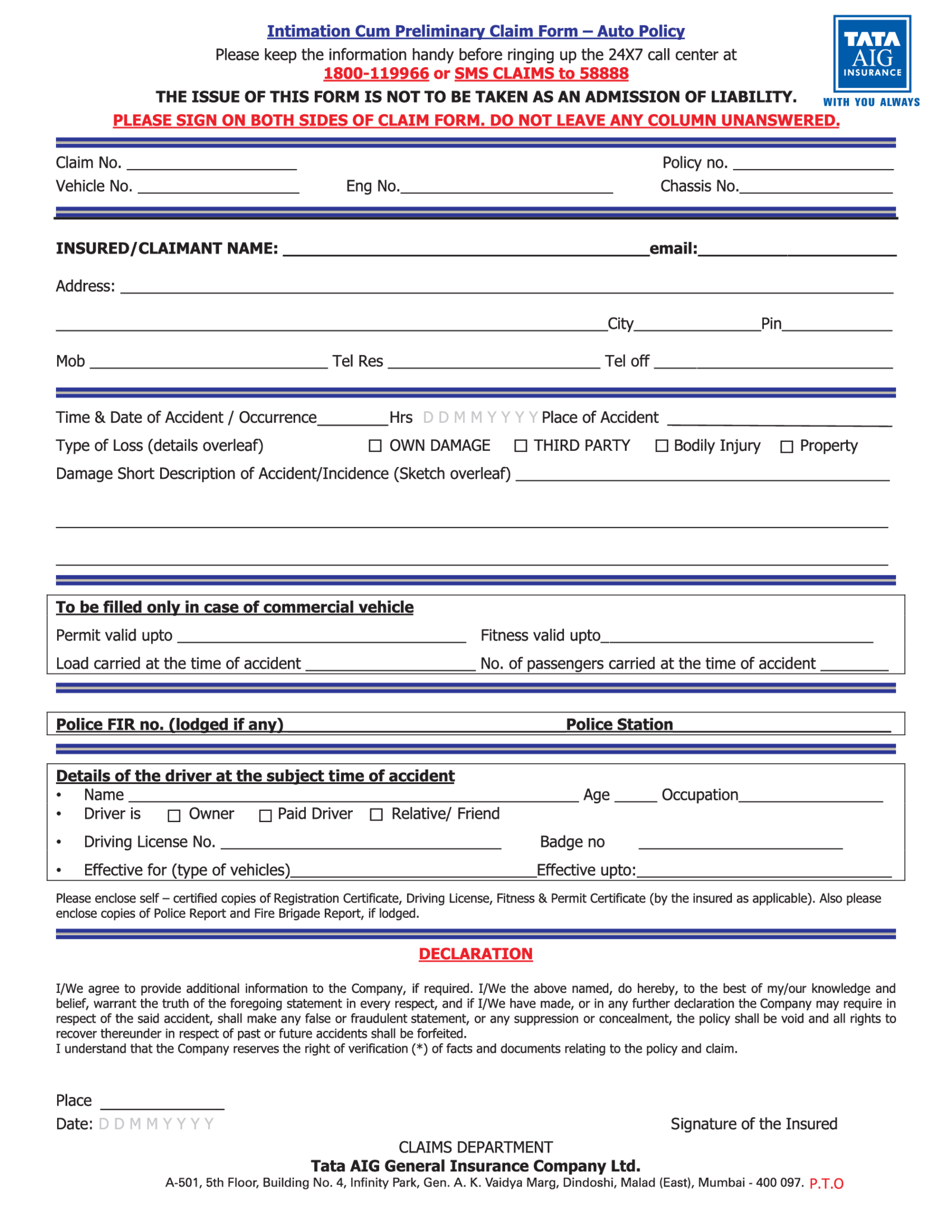 TATA AIG Intimation Cum Preliminary Claim Form - Thumbnail