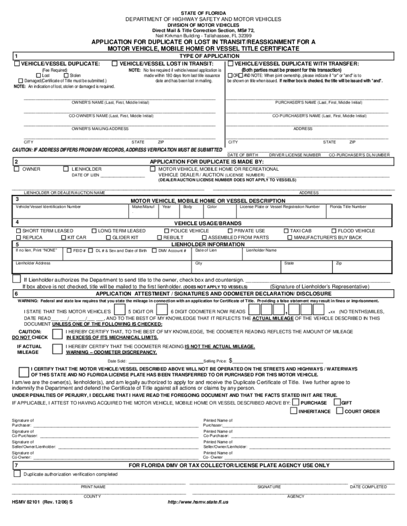 Application for Duplicate or Lost in Transit, HSMV 82101