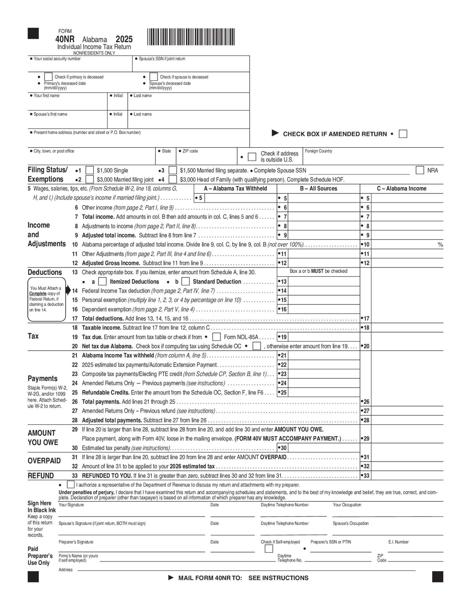 Alabama Tax Form 40NR - Thumbnail