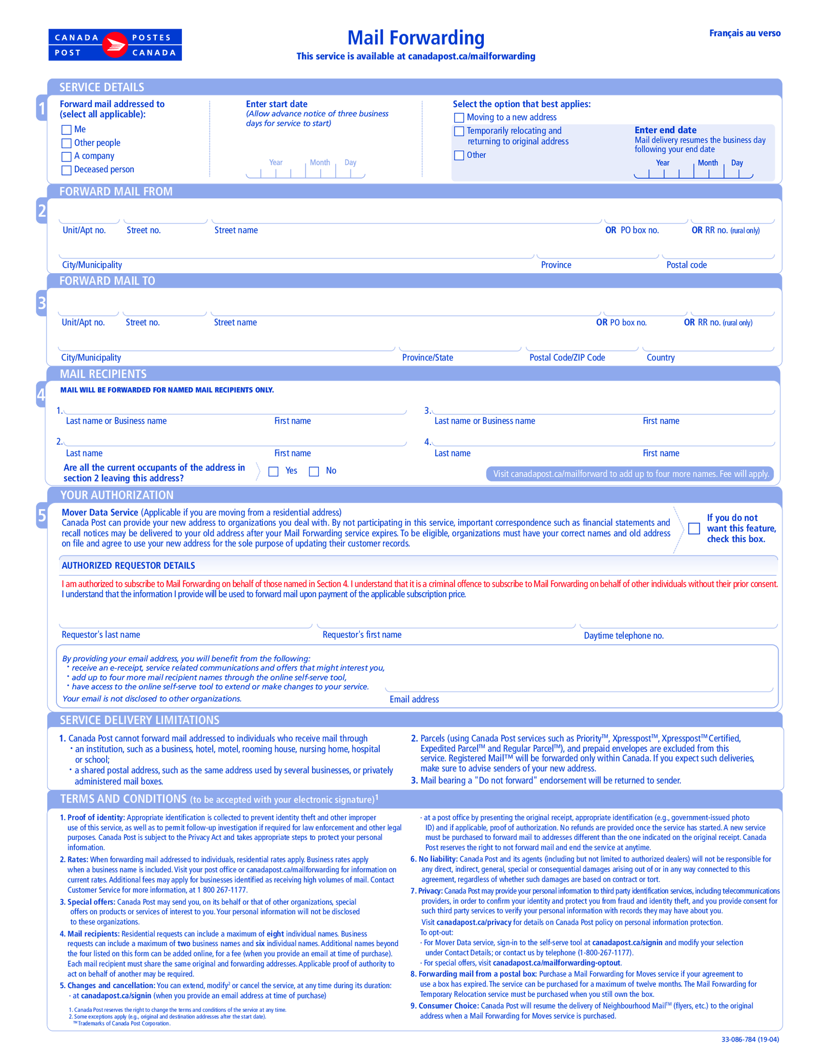 Canada 33-086-784 Form - Mail Forwarding - Thumbnail