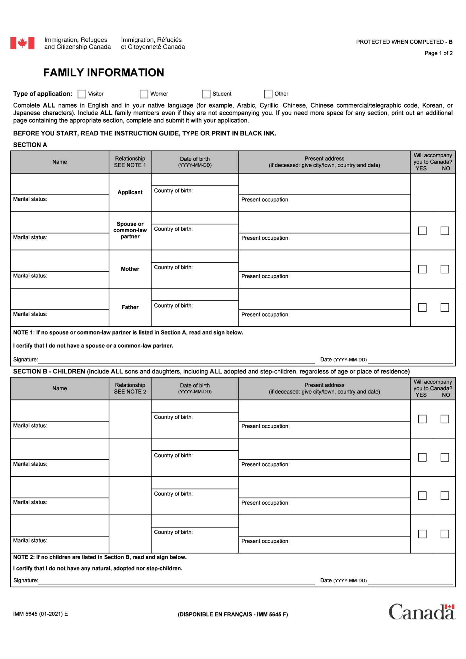 Form IMM 5645 - Thumbnail