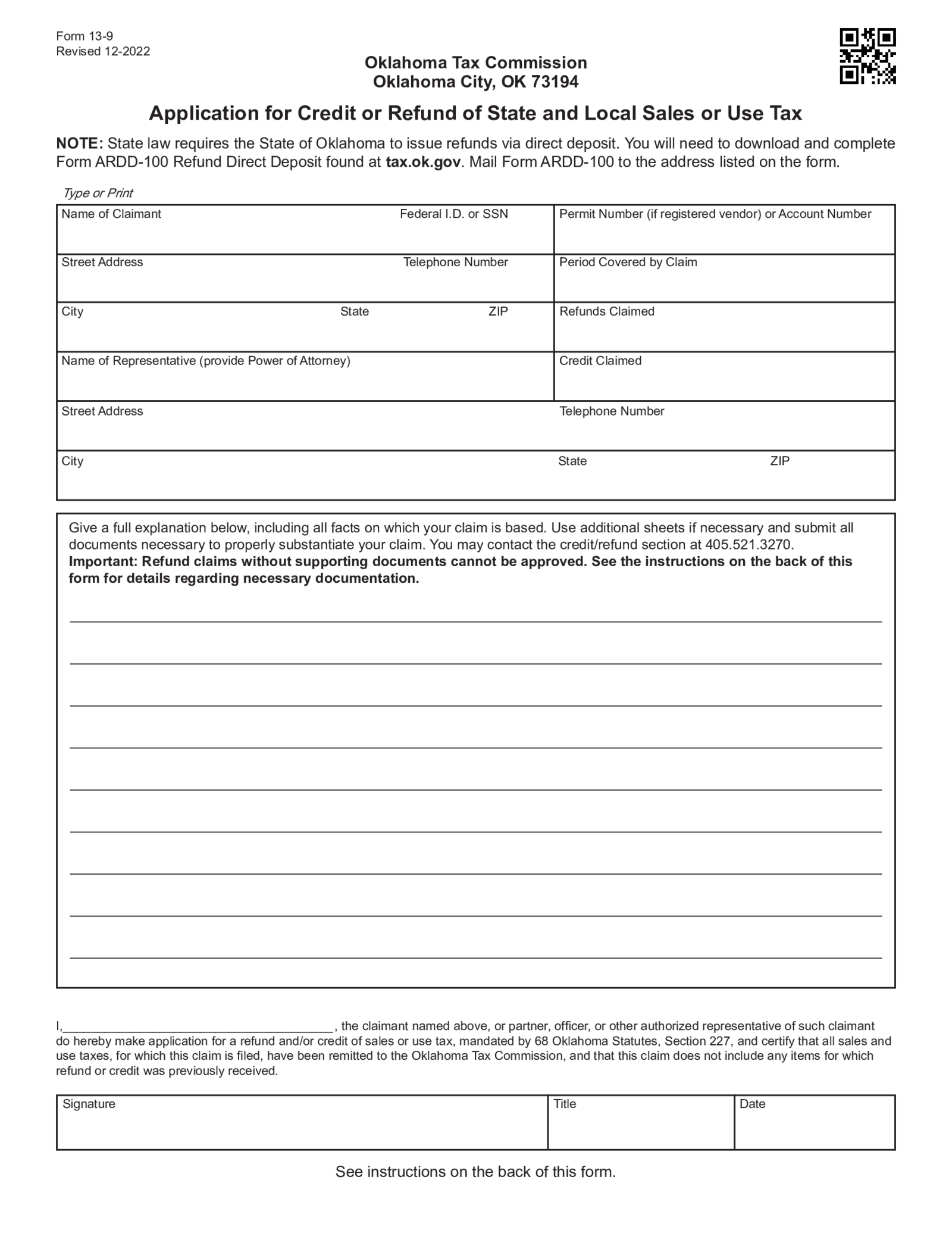 Form 13-9, Application for Credit - Thumbnail